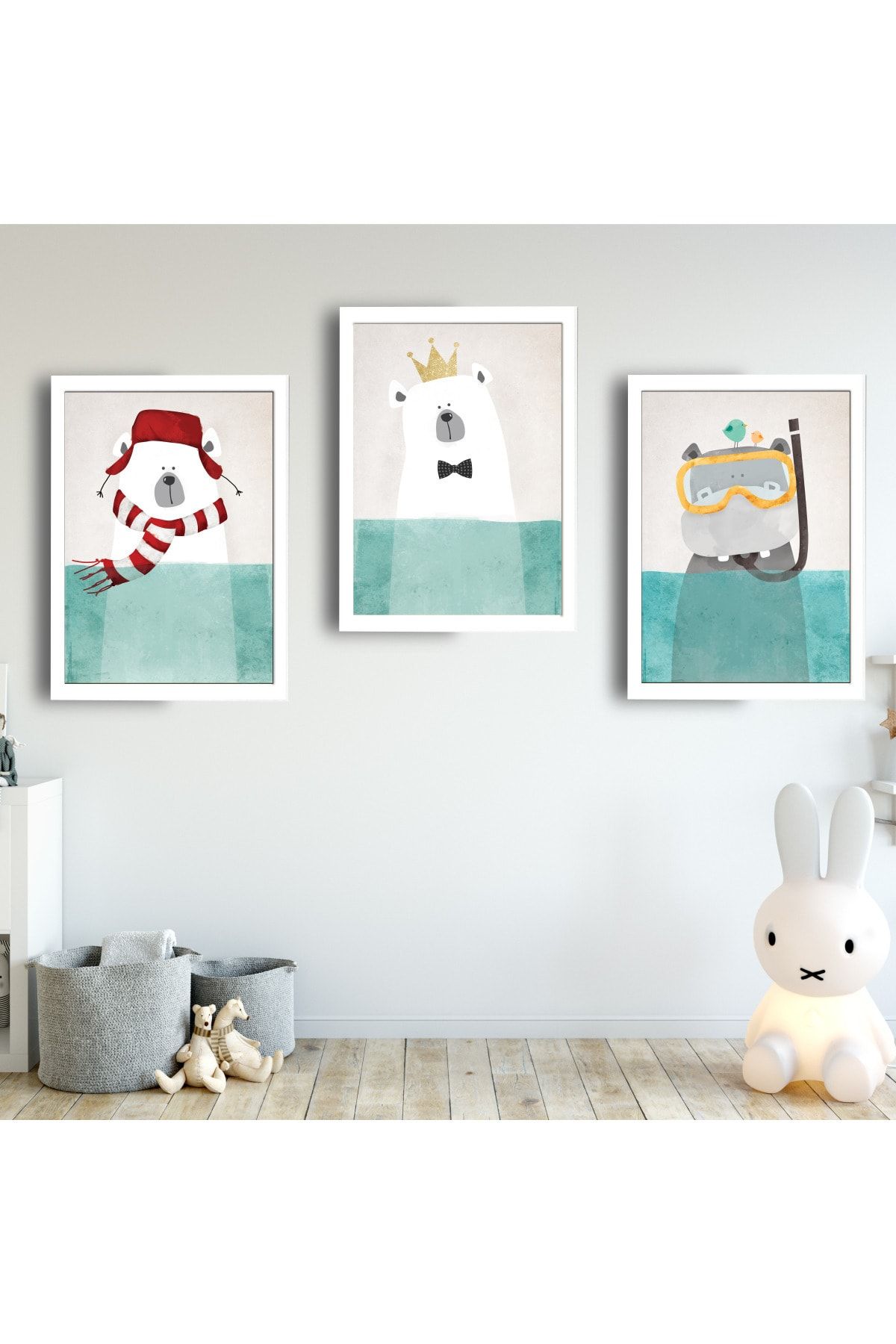 SUNNYFUNNYKIDS Erkek Çocuk Odası Tablo Ayı Hippo Kırmızı Mavi Beyaz Çerçeveli Set Sfkc82
