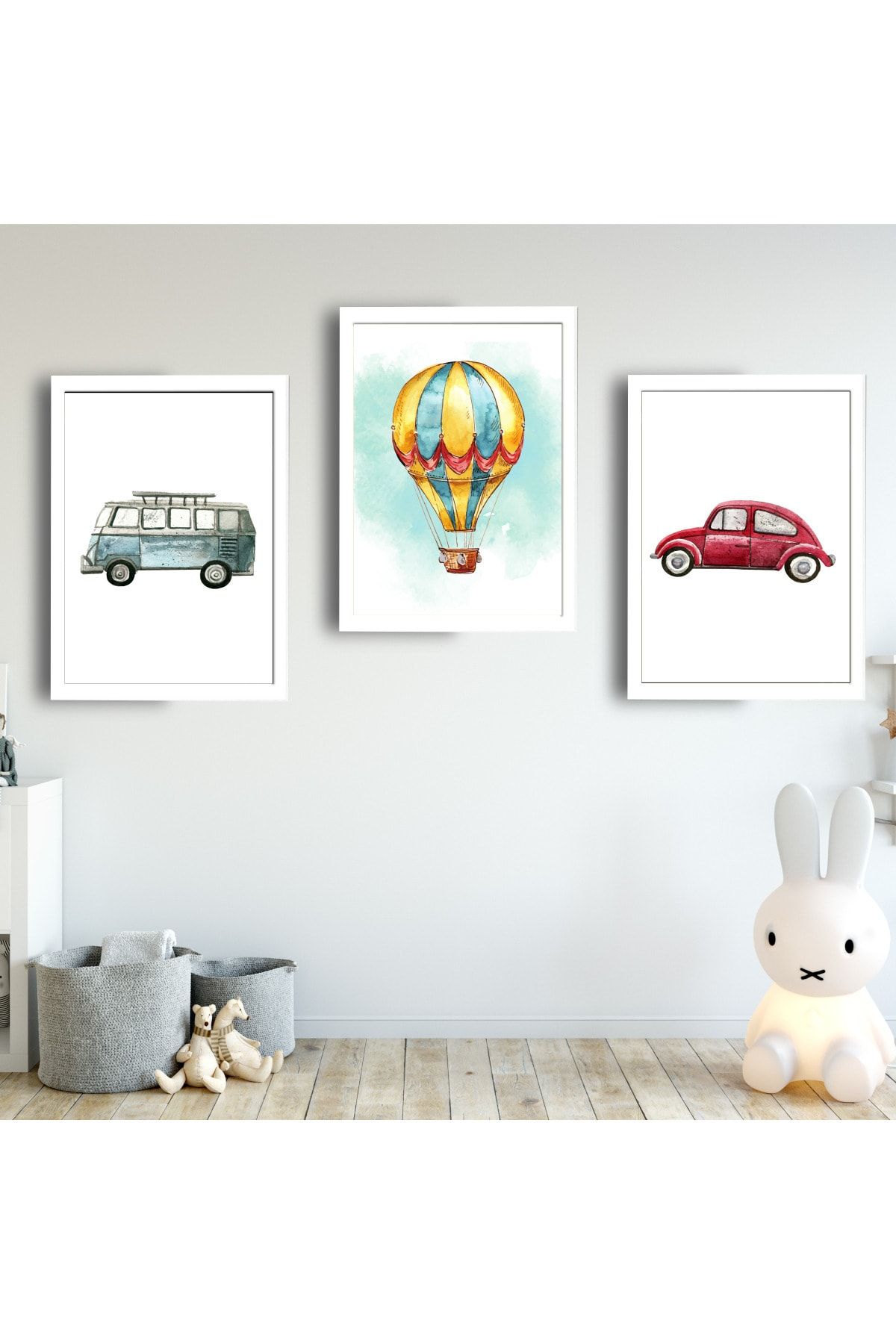 SUNNYFUNNYKIDS Bebek Çocuk Odası Tablo Vintage Araba Uçan Balon Beyaz Çerçeveli Set Sfkc19