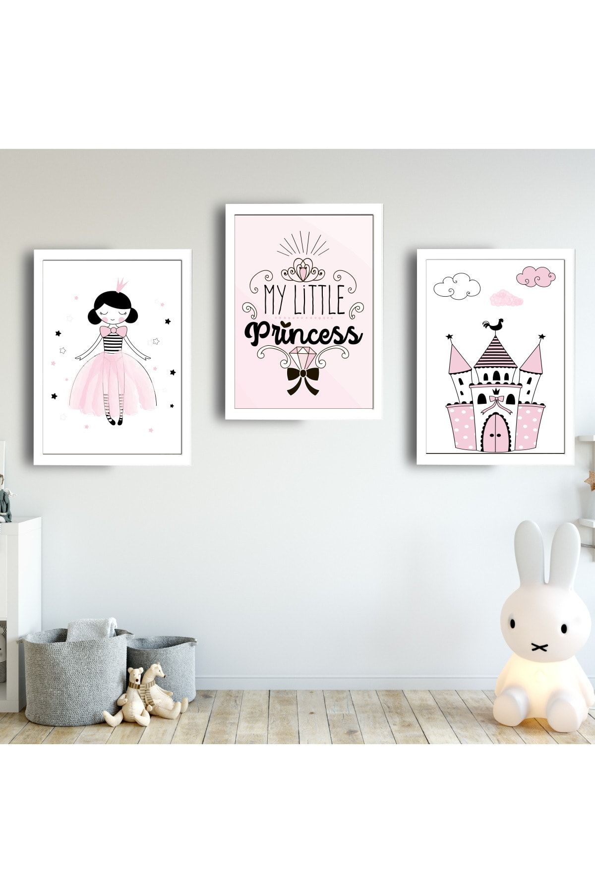 SUNNYFUNNYKIDS Kız Bebek Çocuk Odası Tablo Pembe Prenses Tac Beyaz Çerçeveli Set Sfkc52