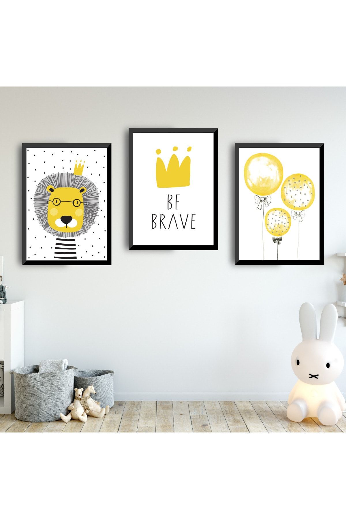 SUNNYFUNNYKIDS Bebek Çocuk Odası Tablo Aslan Sarı Taç Balon Siyah Çerçeveli Set Sfkc63