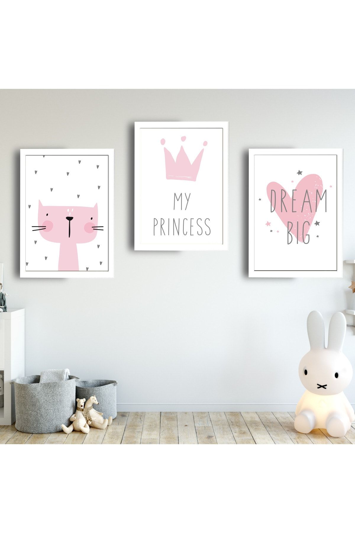 SUNNYFUNNYKIDS Kız Çocuk Bebek Odası Tablo Pembe Gri Kedi Taç Kalp Beyaz Çerçeveli Set Sfkc67