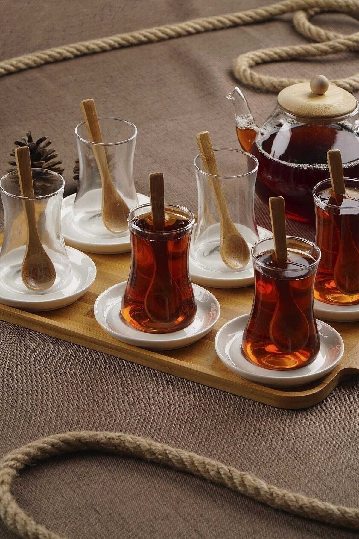 ACAR 10941 Porselen Tabaklı 6lı Cam Çay Bardağı