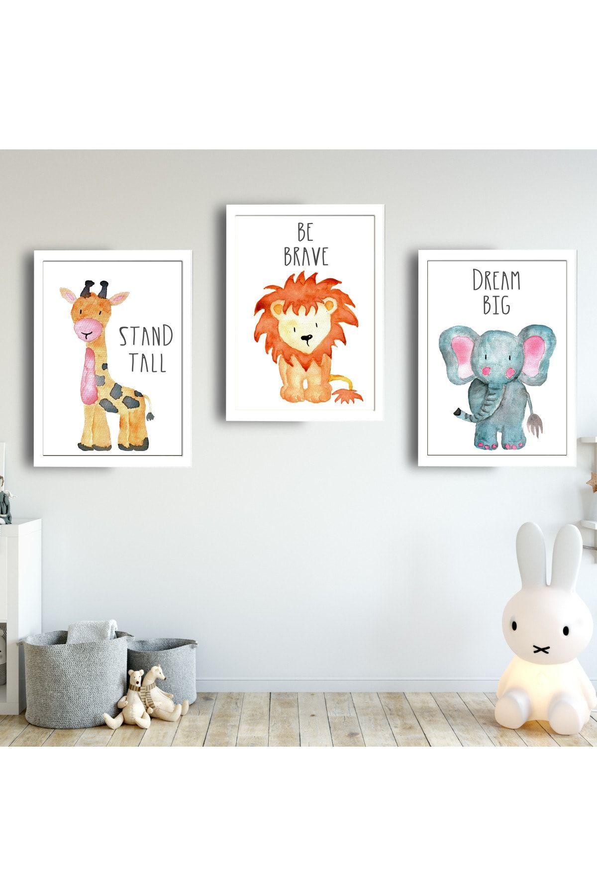 SUNNYFUNNYKIDS Bebek Çocuk Odası Tablo Aslan Fil Zürafa Beyaz Çerçeveli Set Sfkc60 21 X 30