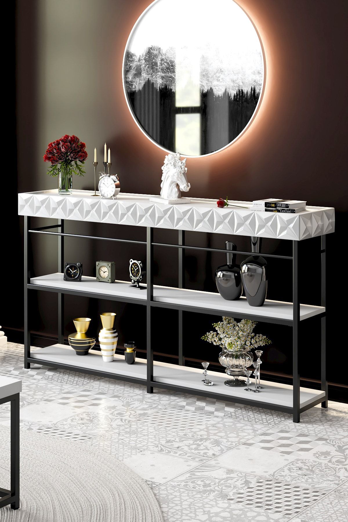 Modatte - Zümrüt Dresuar 152cm Motif Uygulamalı Modern Konsol - Tymd152
