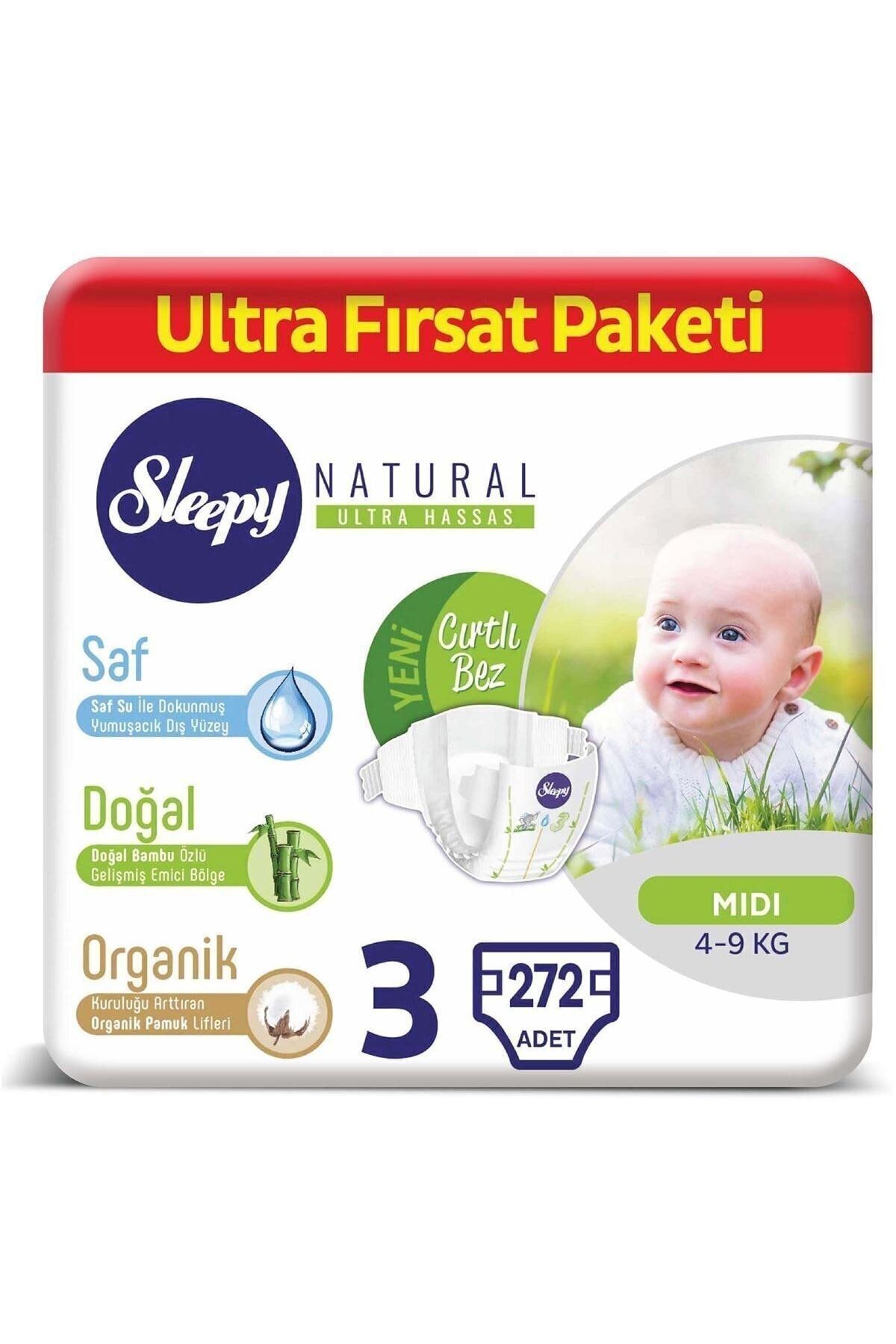 Sleepy Natural Bebek Bezi 3 Beden Midi 4X2'li Jumbo 272 Adet