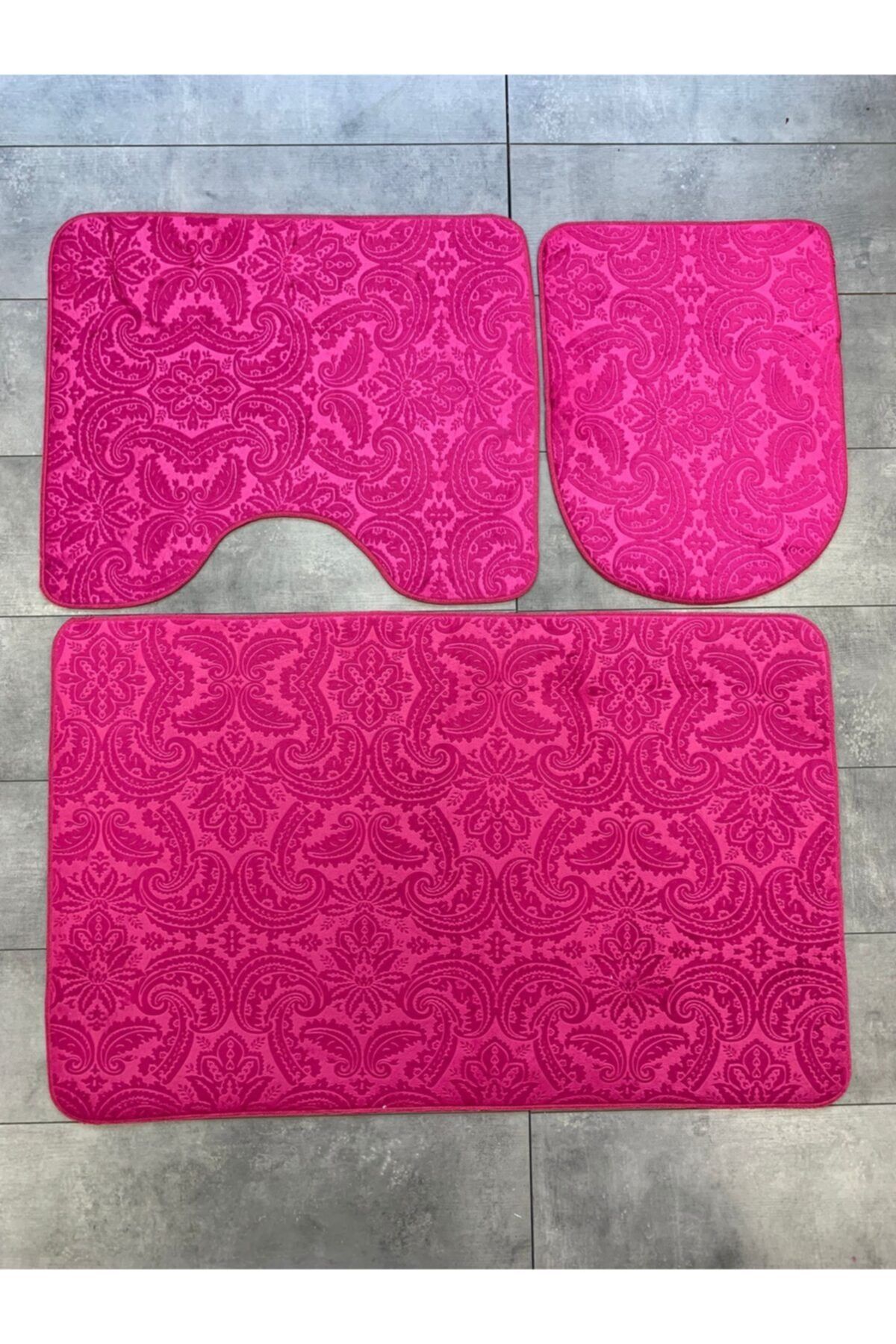 Bonny Home 3’lü Fuşya Ultrasoft Desenli Klozet Takımı Banyo Halısı Paspas Seti