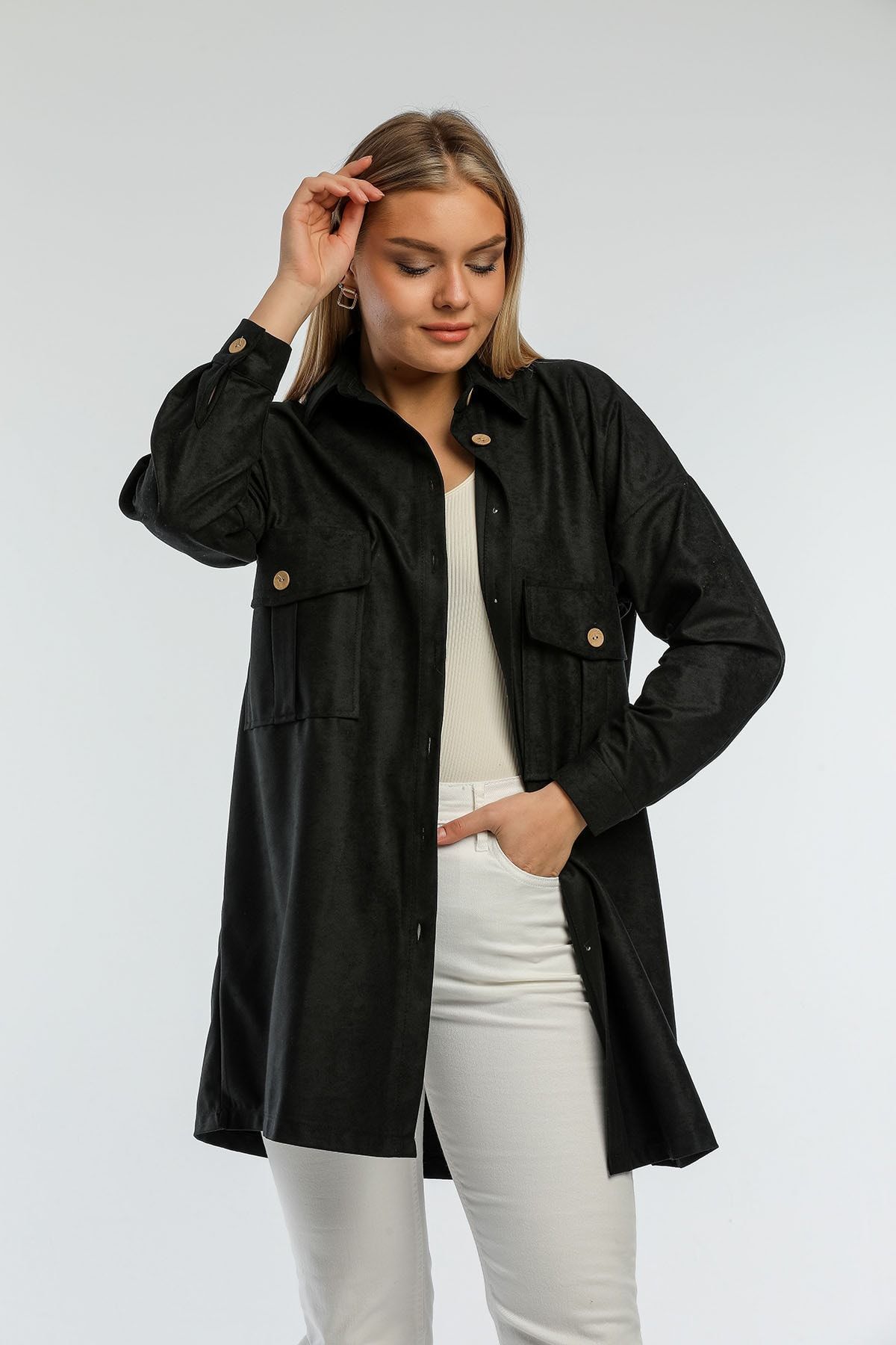 ensade Siyah Oversize Cepli Süet Kumaş Gömlek