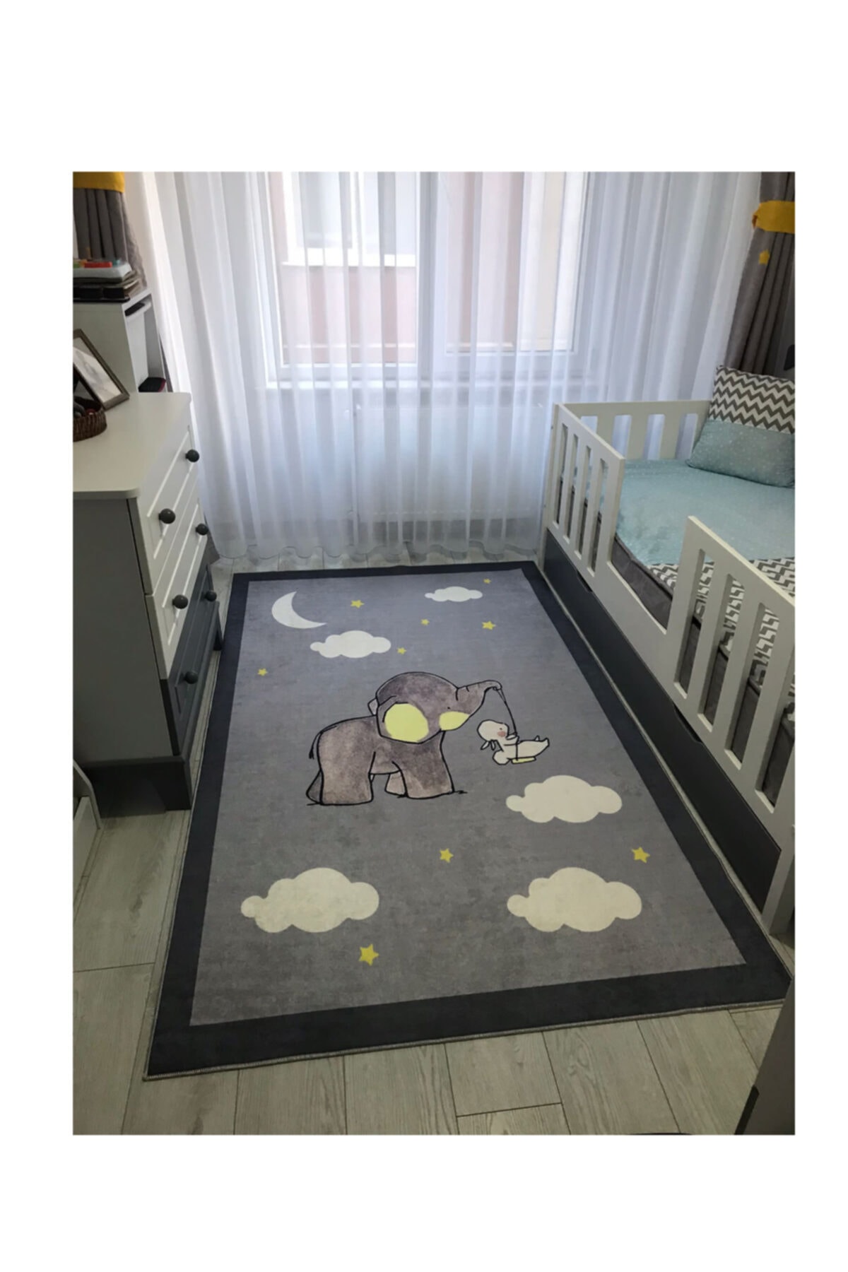 STY Home Fil Tavşan Çoçuk Kaymaz Tabanlı Makinede Yıkanabilir Halı Kilim Yolluk Açık Gri Koyu Gri