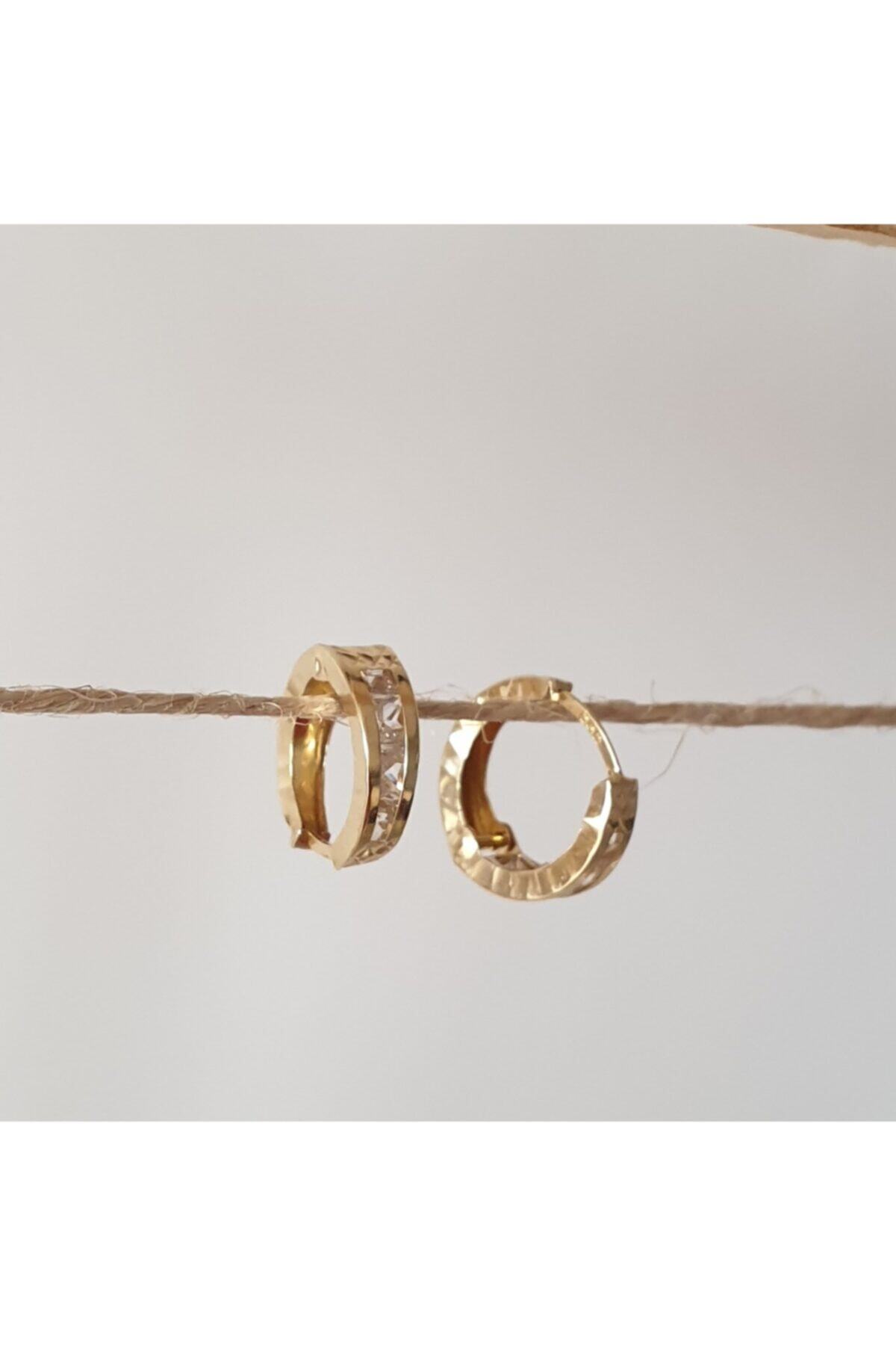 SE Jewellery Sıra Taşlı Montürü Desenli Çift Taraflı Halka Küpe 14 Ayar Altın Kadın Küpesi