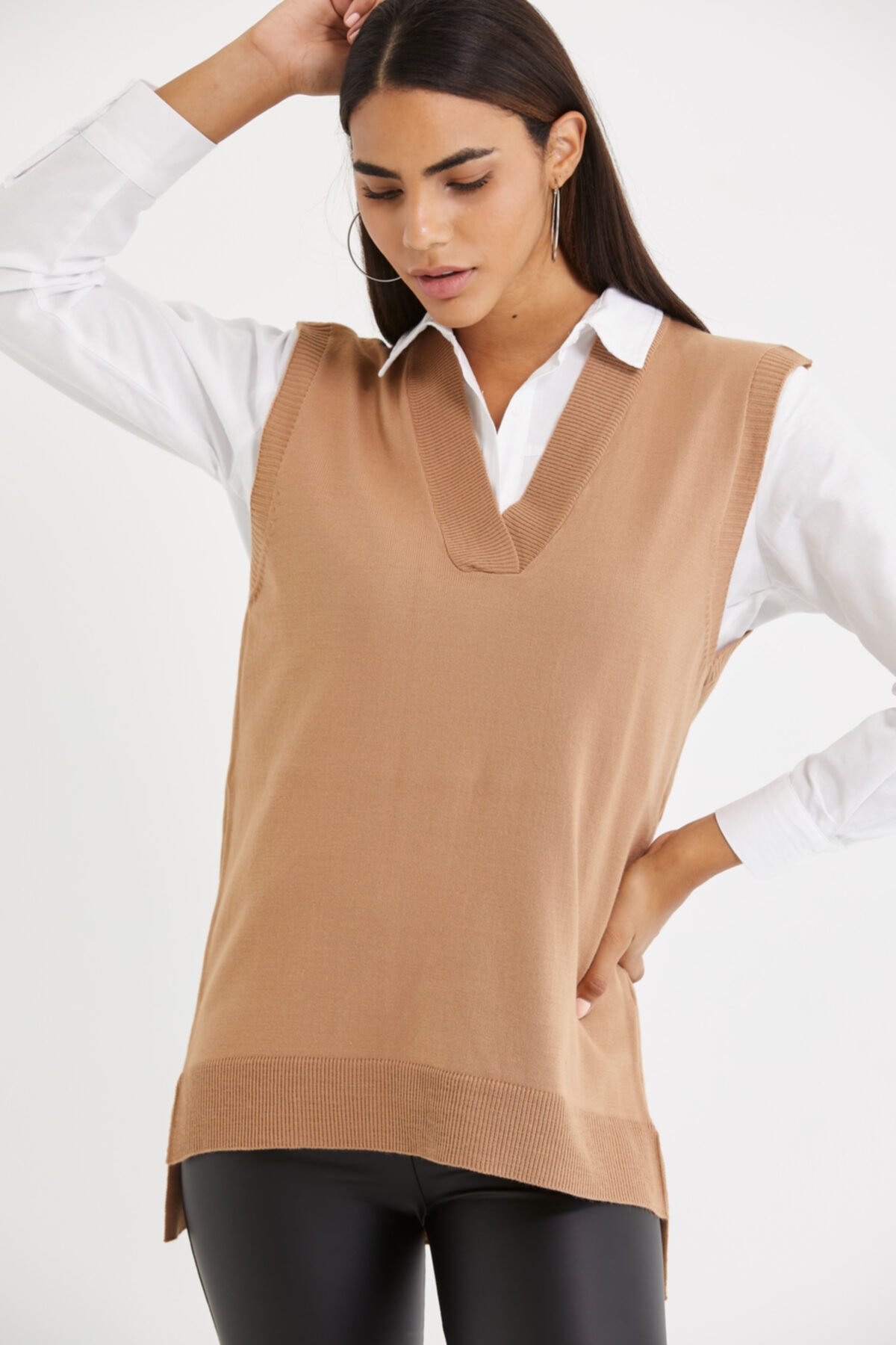 ALTINER Kadın Camel V Yaka İnce Triko Süveter