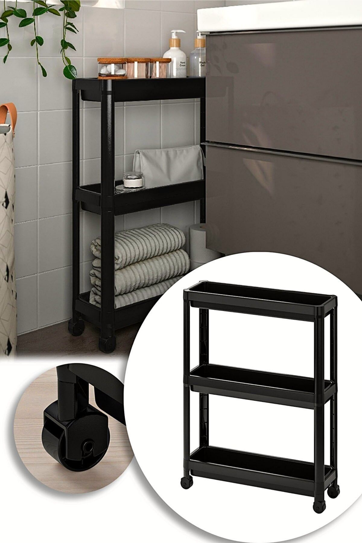 Nandy Home Çok Amaçlı, Modern, 3 Katlı, Tekerlekli, Banyo, Mutfak Düzenleyici Raf Siyah