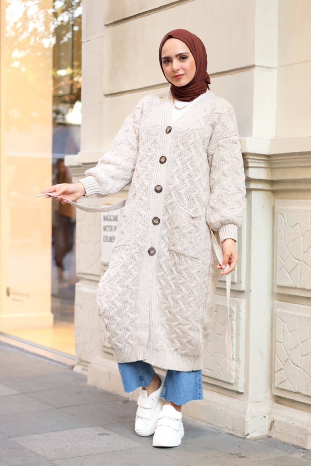 LOVELY FASHION Örgü Detaylı Triko Hırka Taş