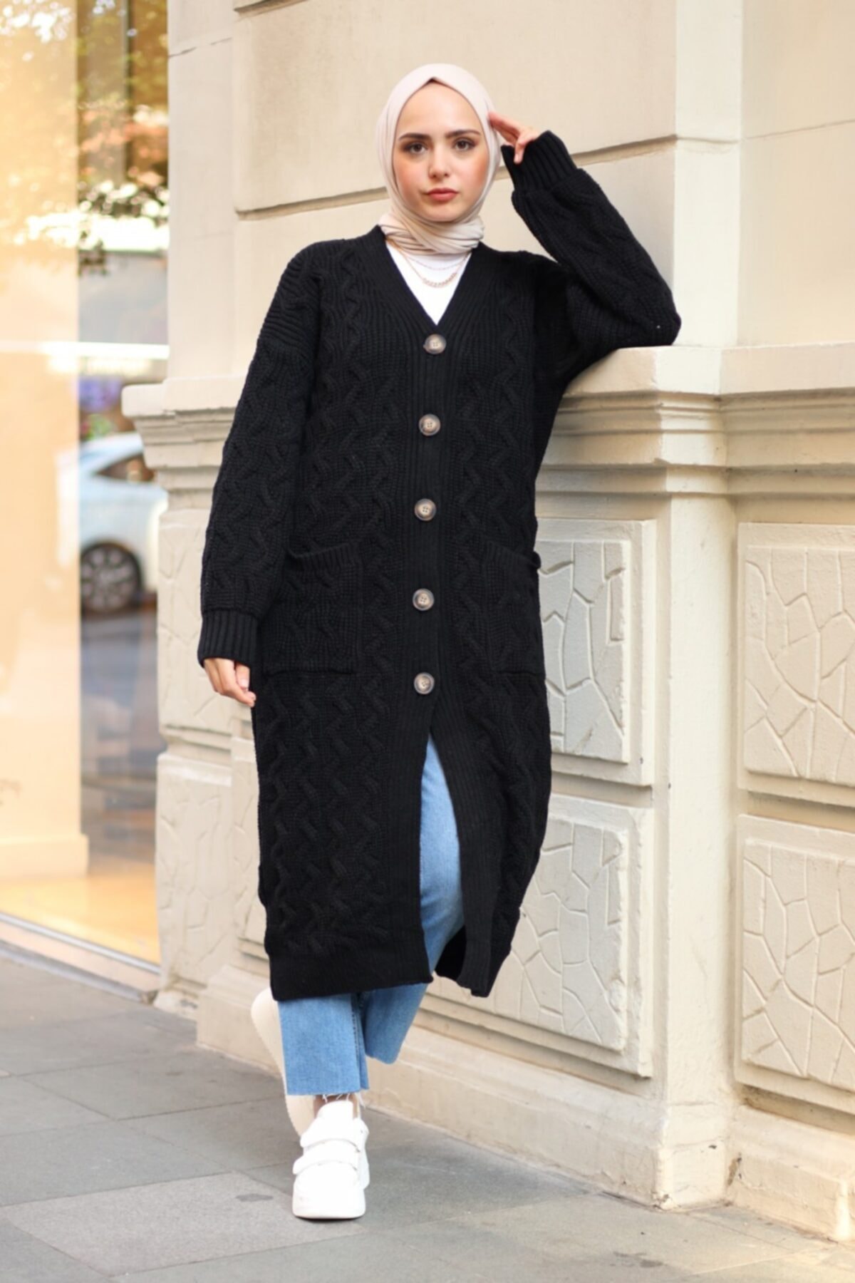 LOVELY FASHION Örgü Detaylı Triko Hırka Siyah