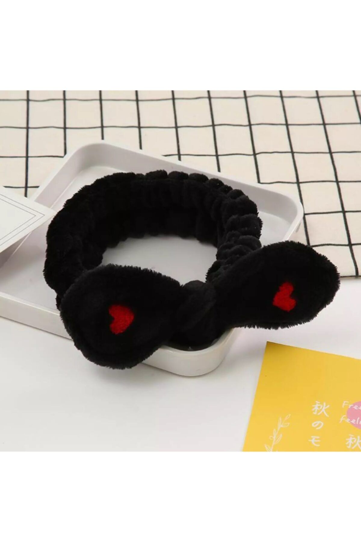 SECAR Siyah Kalp Detaylı Fiyonklu Peluş Spa Saç Bandı