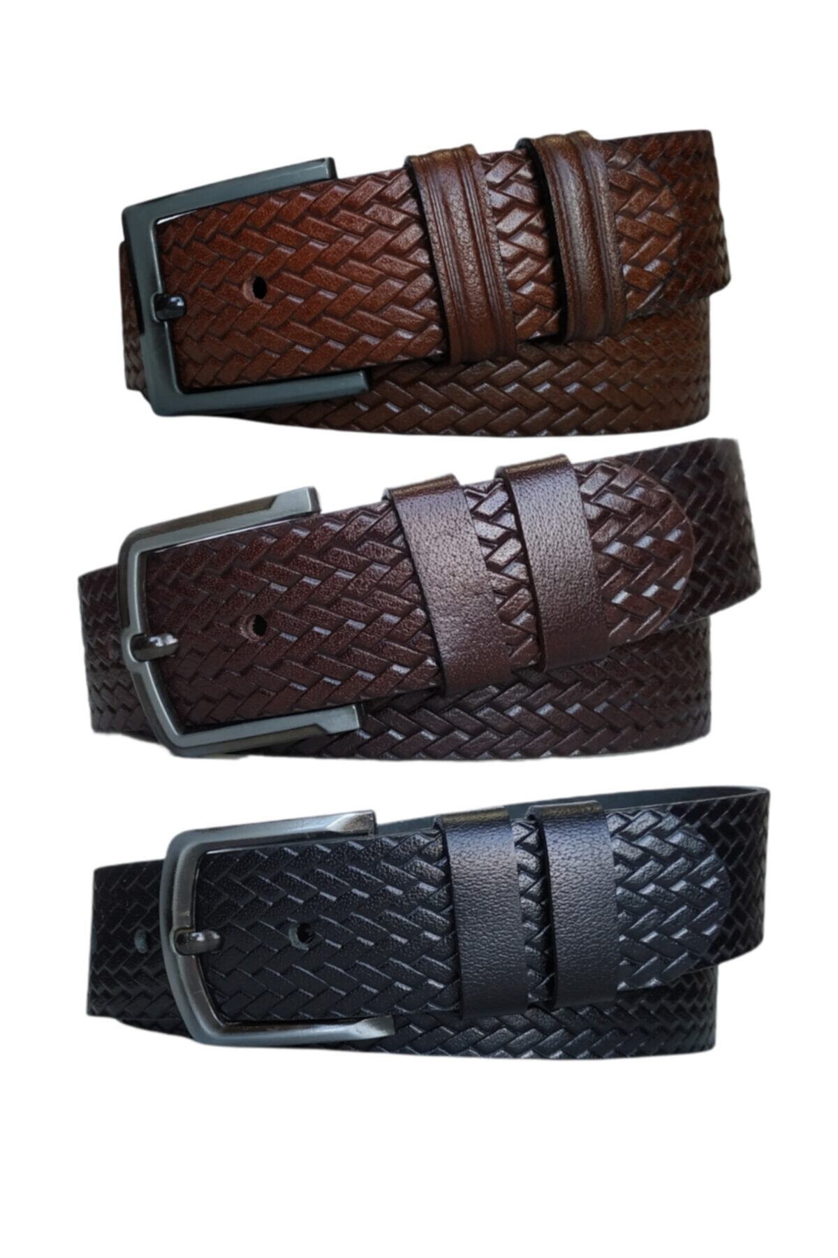 KarPa %100 Hakiki Deri 3'lü Set Desenli Kot Pantolon Kemeri 4.5cm: Siyah-kahverengi-taba