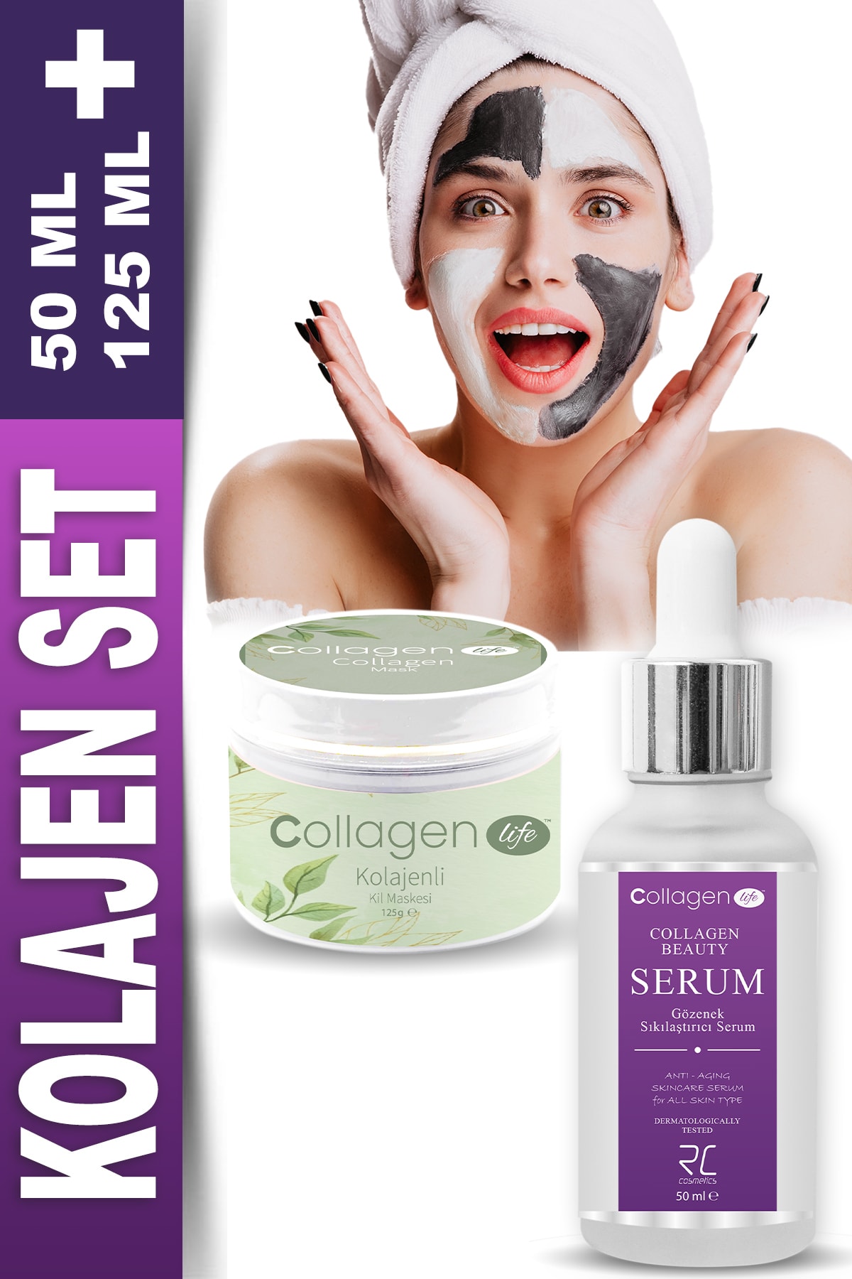 RC COSMETİCS Collagen Lıfe Kolajen Cilt Serumu 50ml + Collagen Lıfe Kolajenli Kil Maskesi 125gr