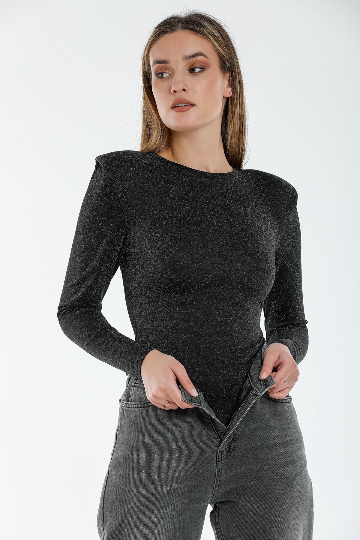Modarengi Kadın Siyah Vatkalı Simli Zıbınlı Bodysuit