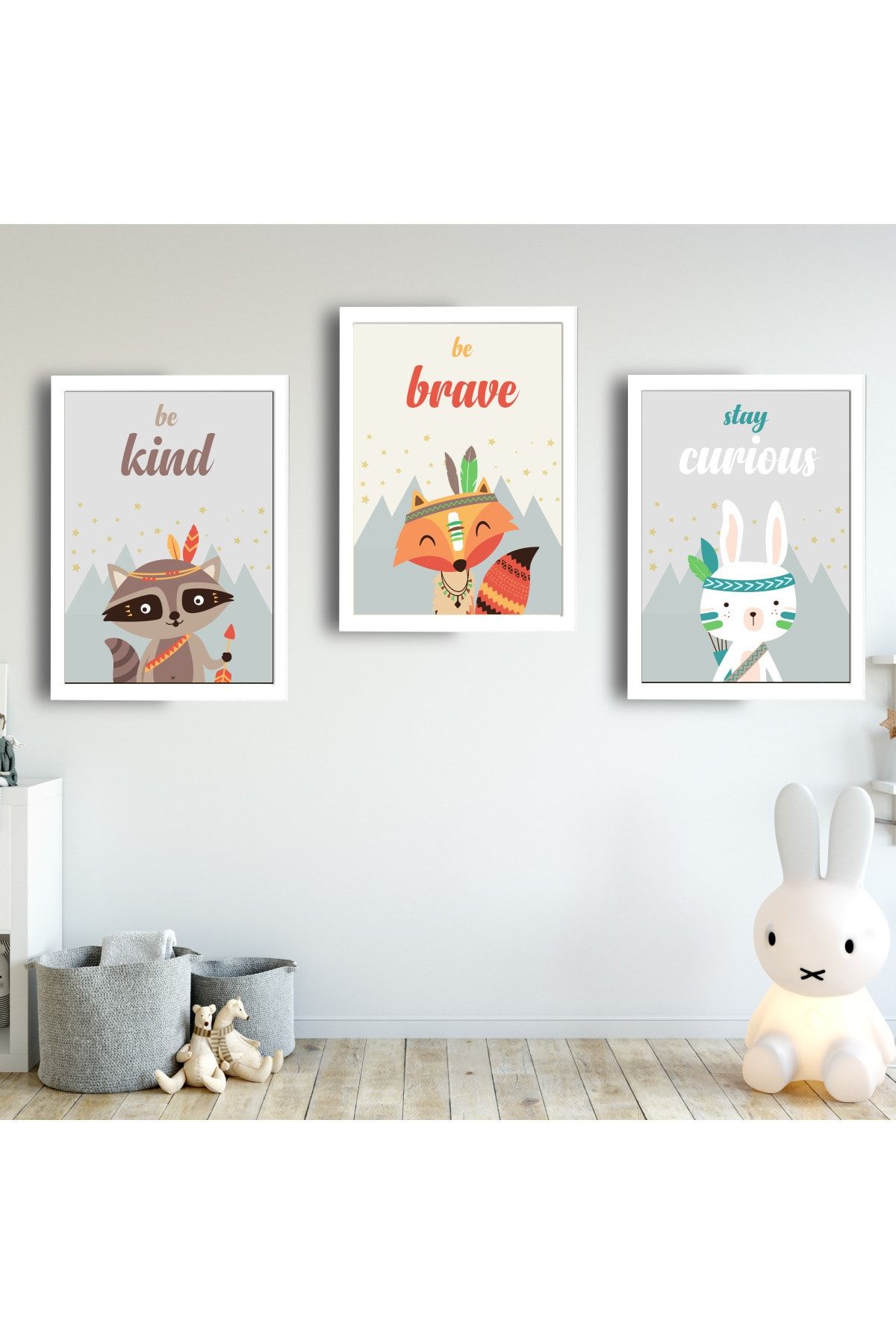 SUNNYFUNNYKIDS Bebek Çocuk Odası Tablo Be Kind Be Brave Nordic Beyaz Çerçeveli Set Sfkc77