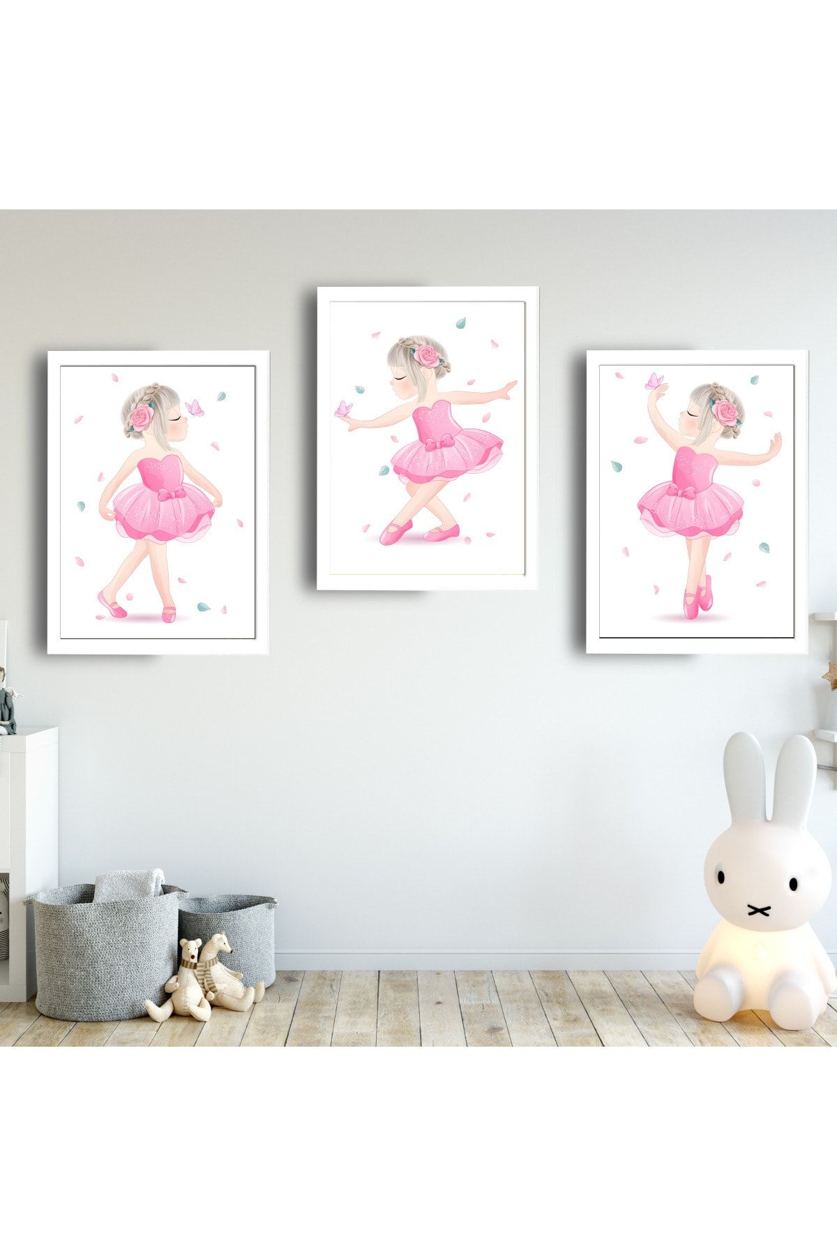 SUNNYFUNNYKIDS Kız Bebek Çocuk Odası Tablo Pembe Balerin Kız Beyaz Çerçeveli Set Sfkc17