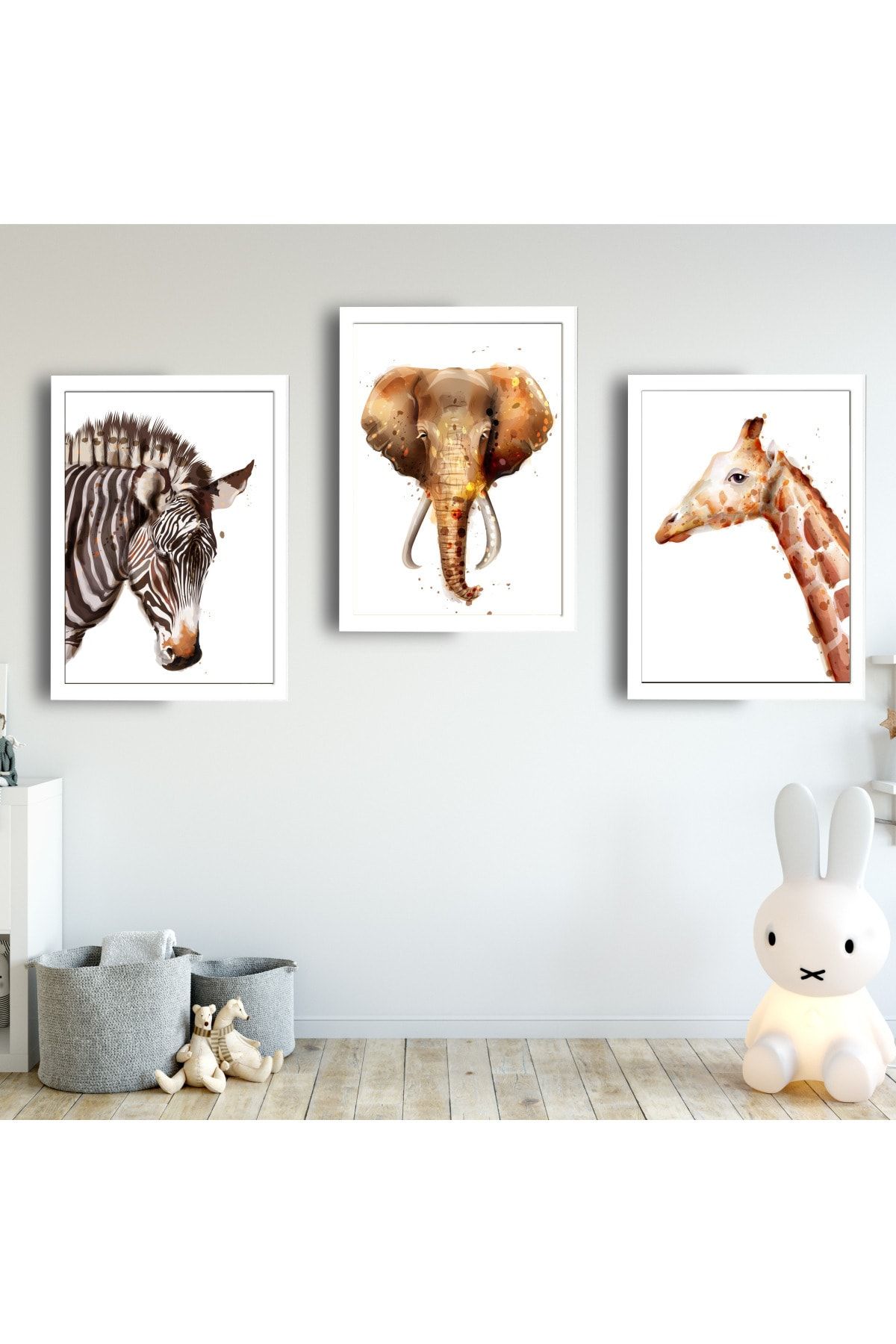 SUNNYFUNNYKIDS Bebek Çocuk Odası Tablo Fil Zürafa Zebra Beyaz Çerçeveli Set Sfkc4