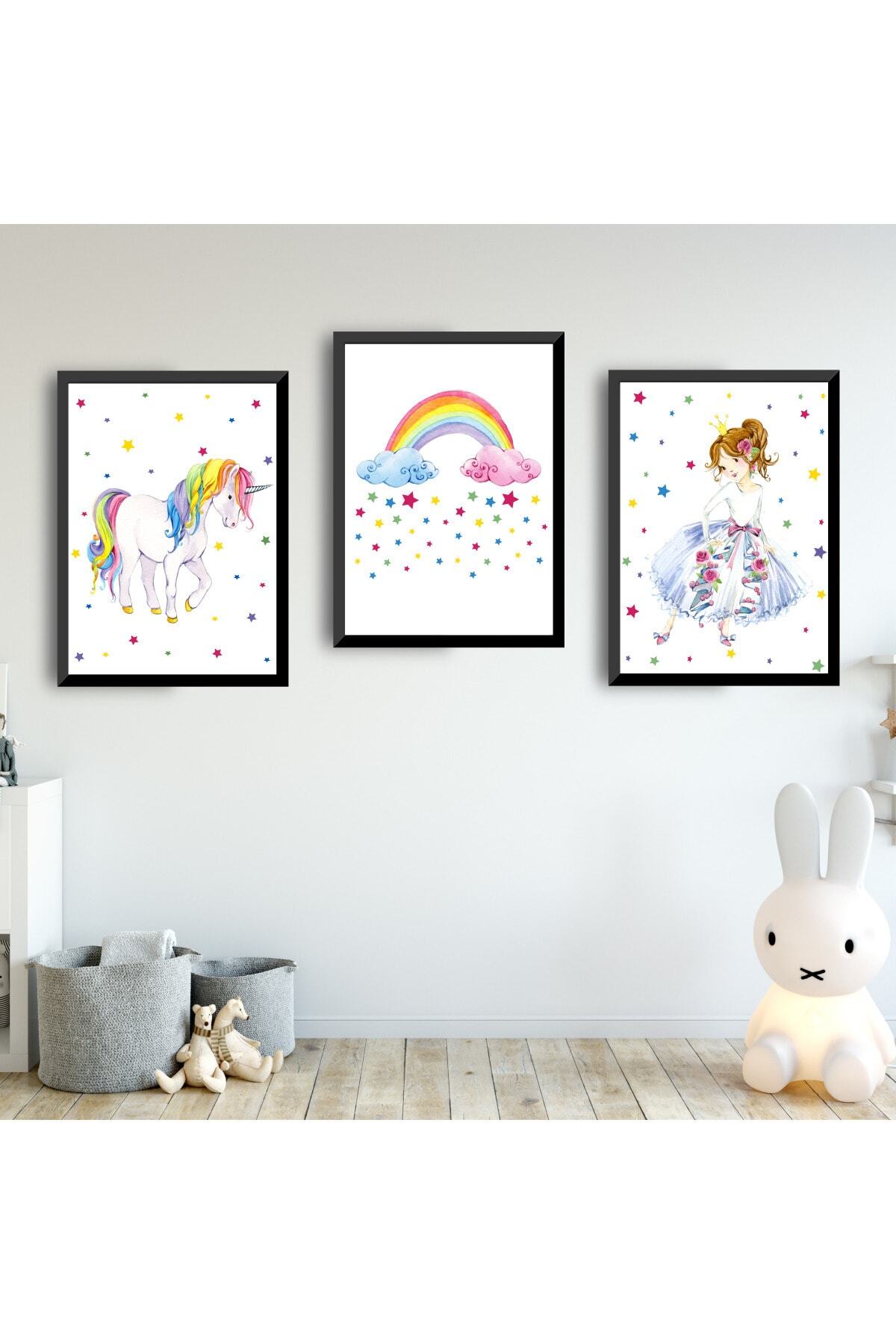 SUNNYFUNNYKIDS Bebek Çocuk Odası Tablo Gökkuşağı Unicorn Prenses Kız Siyah Çerçeveli Set Sfkc74
