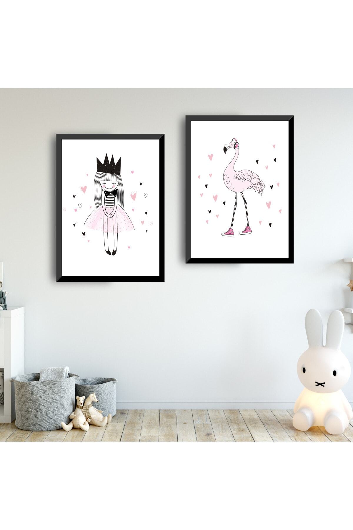 SUNNYFUNNYKIDS Kız Bebek Çocuk Odası Tablo Pembe Prenses Flamingo Siyah Çerçeveli Set Sfkc41