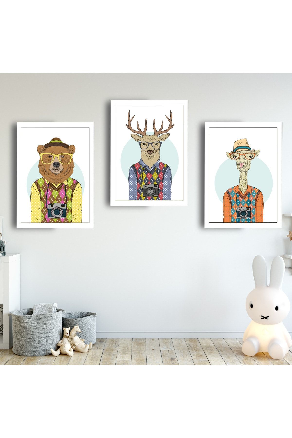 SUNNYFUNNYKIDS Bebek Çocuk Odası Tablo Hipster Insansıl Hayvanlar Beyaz Çerçeveli Set Sfkc68