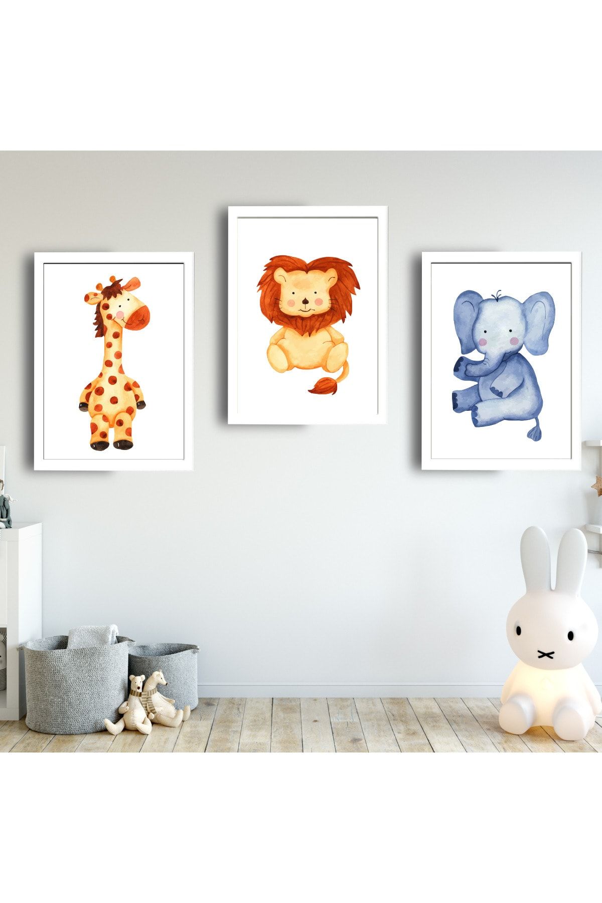 SUNNYFUNNYKIDS Bebek Çocuk Odası Tablo Fil Aslan Zürafa Beyaz Çerçeveli Set Sfkc20