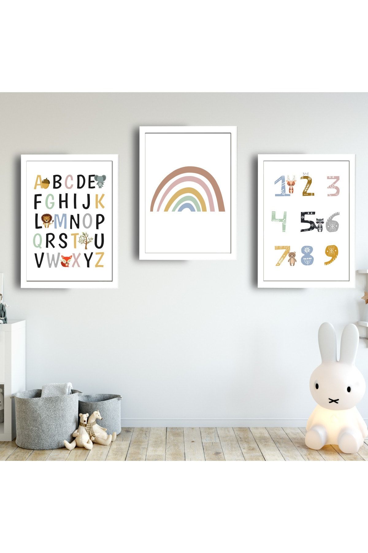 SUNNYFUNNYKIDS Bebek Çocuk Odası Tablo Sayı Harf Gökkuşağı Beyaz Çerçeveli Set Sfkc55
