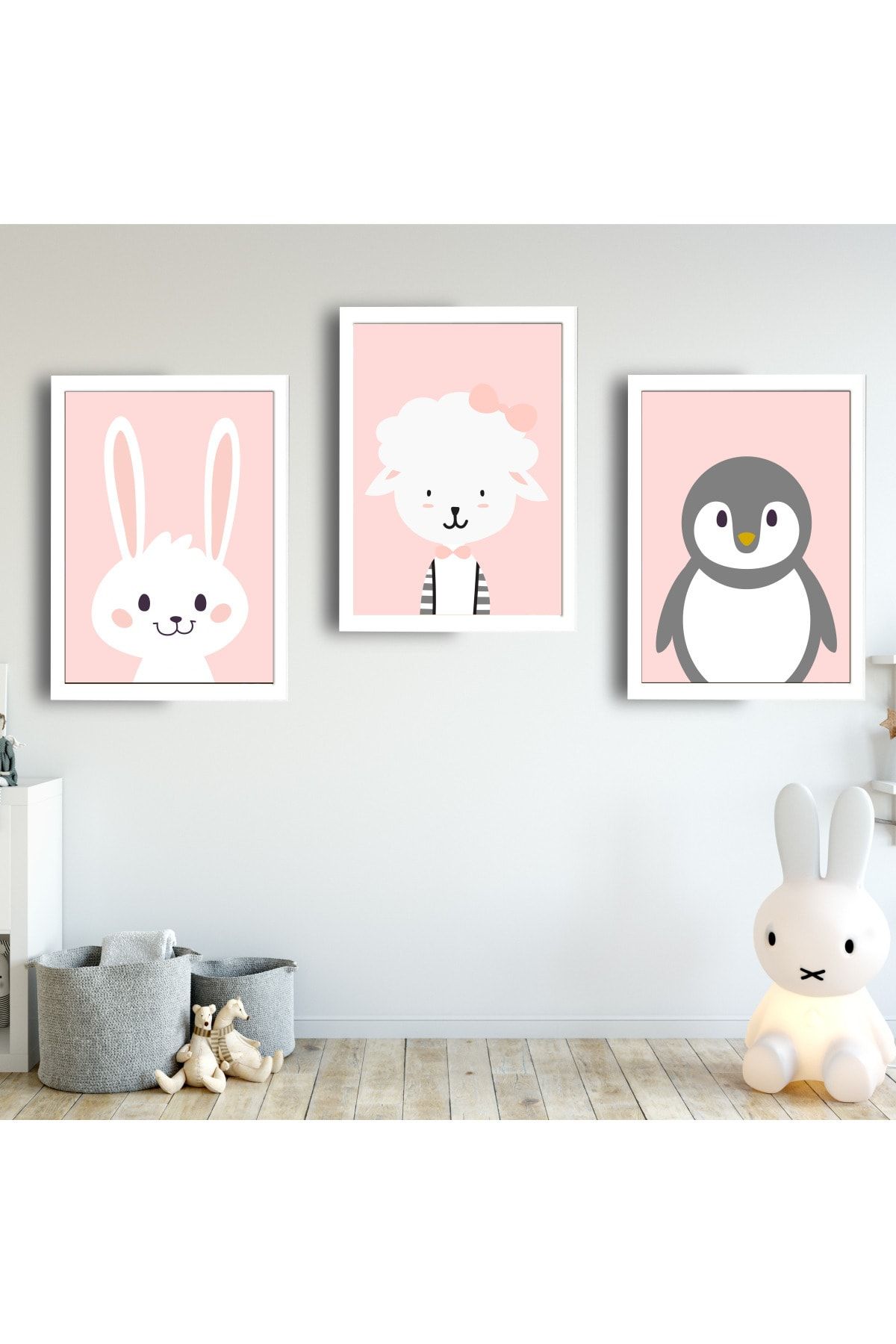 SUNNYFUNNYKIDS Kız Bebek Çocuk Odası Tablo Pembe Penguen Tavşan Kuzu Beyaz Çerçeveli Set Sfkc66
