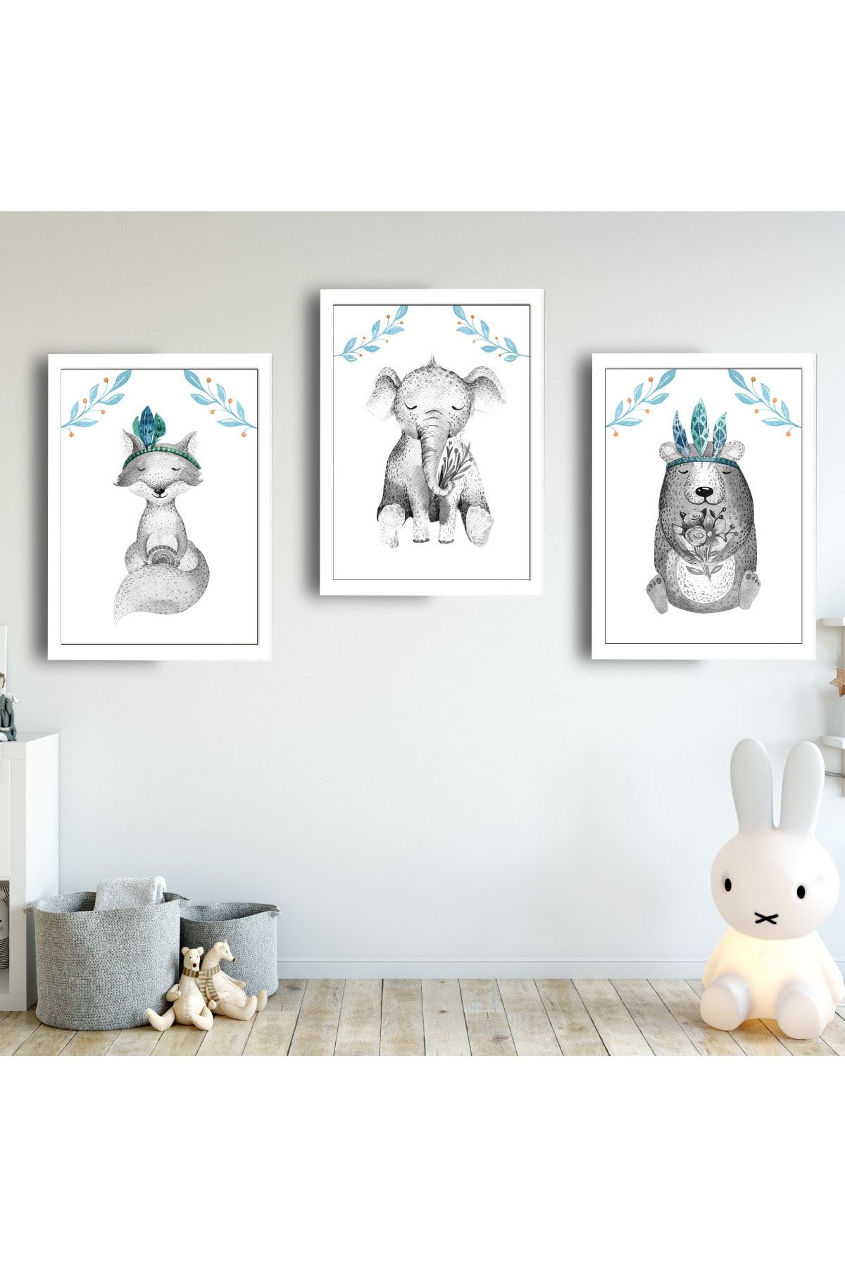 SUNNYFUNNYKIDS Bebek Çocuk Odası Tablo Fil Tilki Ayı Mvi Gri Beyaz Çerçeveli Set Sfkc51