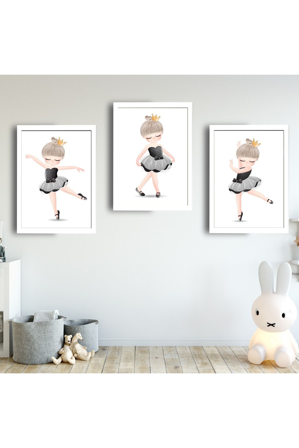 SUNNYFUNNYKIDS Bebek Çocuk Odası Tablo Siyah Balerin Kız Beyaz Çerçeveli Set Sfkc18