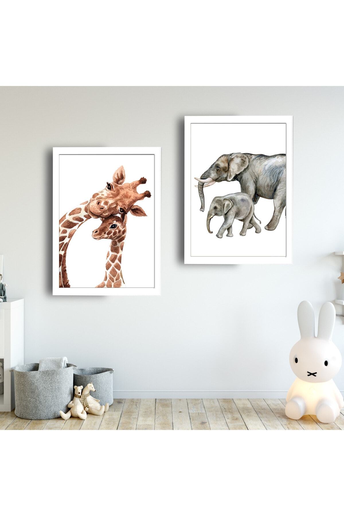 SUNNYFUNNYKIDS Bebek Çocuk Odası Tablo Zürafa Fil Anne Yavru Beyaz Çerçeveli Set Sfkc2 21 X 30
