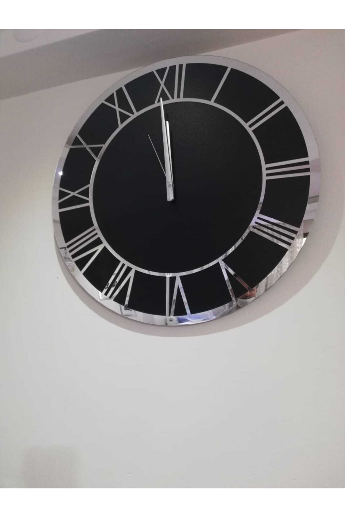 dilegintasarimevi Gümüş Aynalı Pleksi & Siyah Ahşap Mdf Duvar Saati 40 Cm X 40 Cm