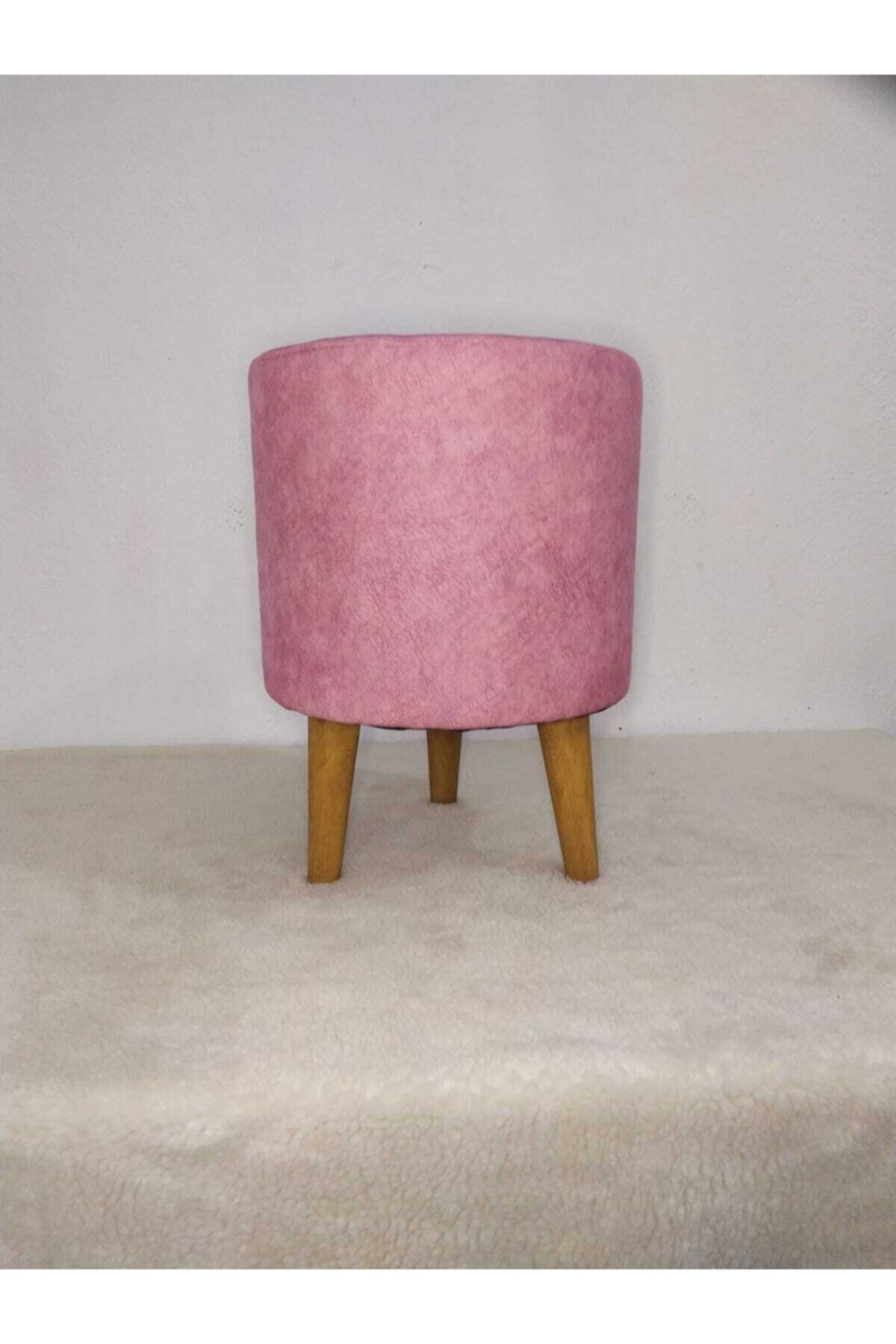 Movia Home Gürgen Retro Ahşap Ayaklı Dekoratif Pembe Silindir Puf Bench Koltuk Sandalye Makyaj Koltuğu Puf