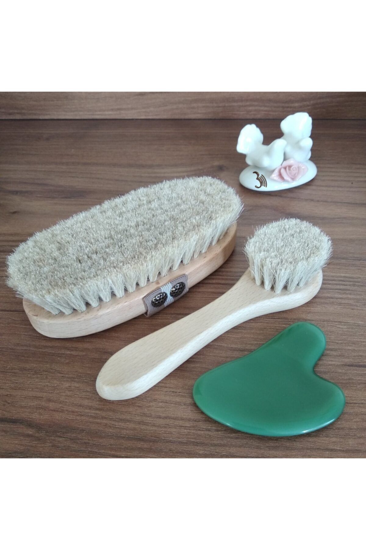 3 Doğal At Kılı Selülit Fırçası + Doğal At Kılı Yüz Fırçası +aventurin Gua Sha 3^lü Set