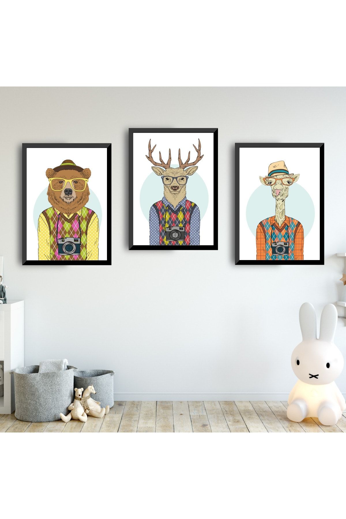 SUNNYFUNNYKIDS Bebek Çocuk Odası Tablo Hipster Insansıl Hayvanlar Siyah Çerçeveli Set Sfkc68
