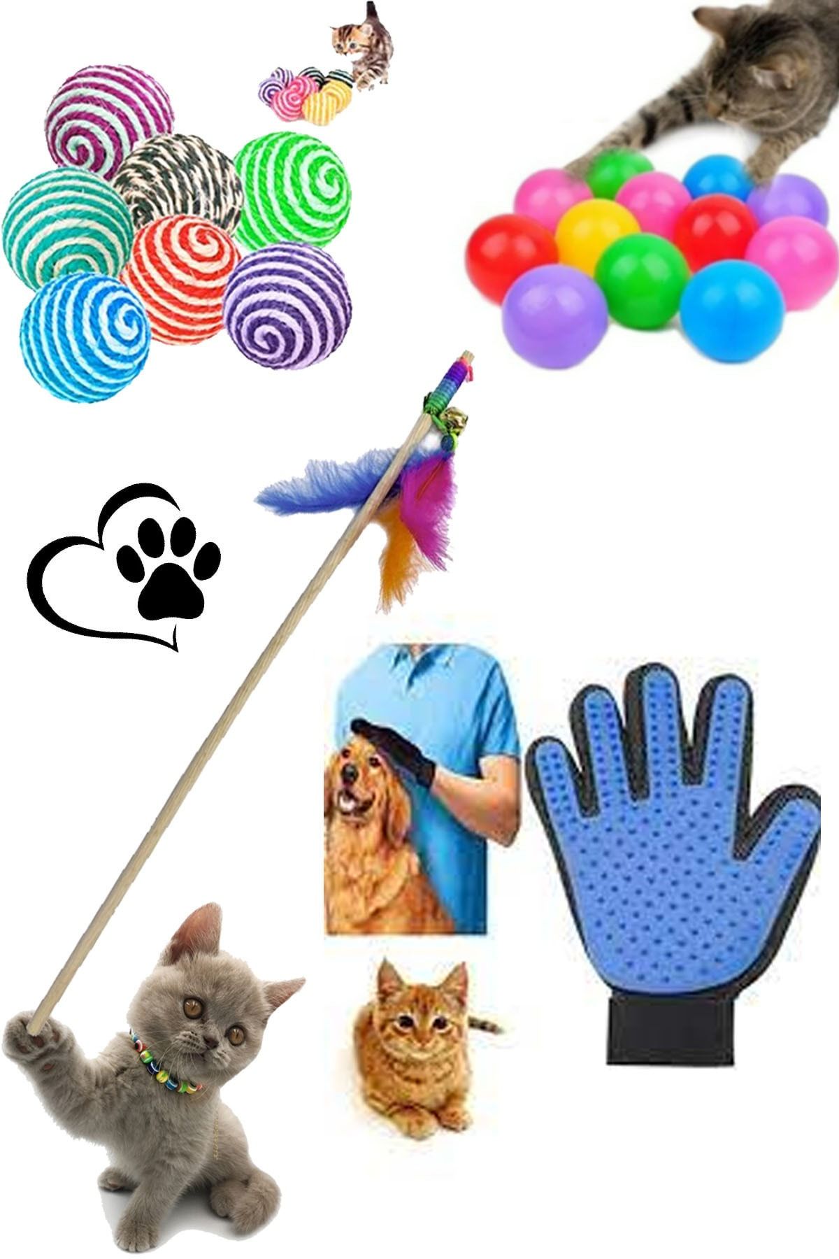 YİĞİTLERAVM Kedi Köpek Tüy Toplayıcı Eldiven , Renkli Oyun Topu , Sarma Top , Oyun Oltası 50 Cm Avantaj Seti