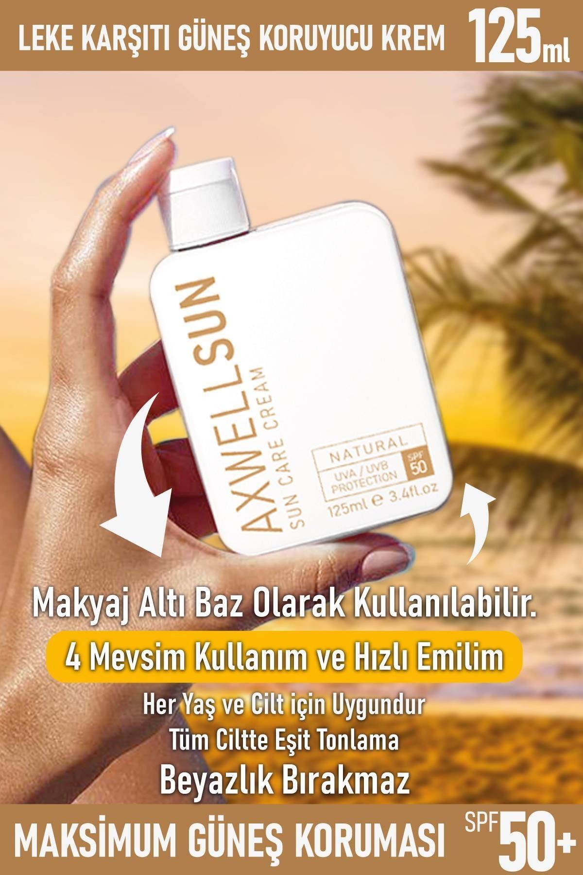 RC COSMETİCS Premium Axwell Sun Care Cream- Leke Karşıtı Güneş Koruyucu Krem Spf50 125ml