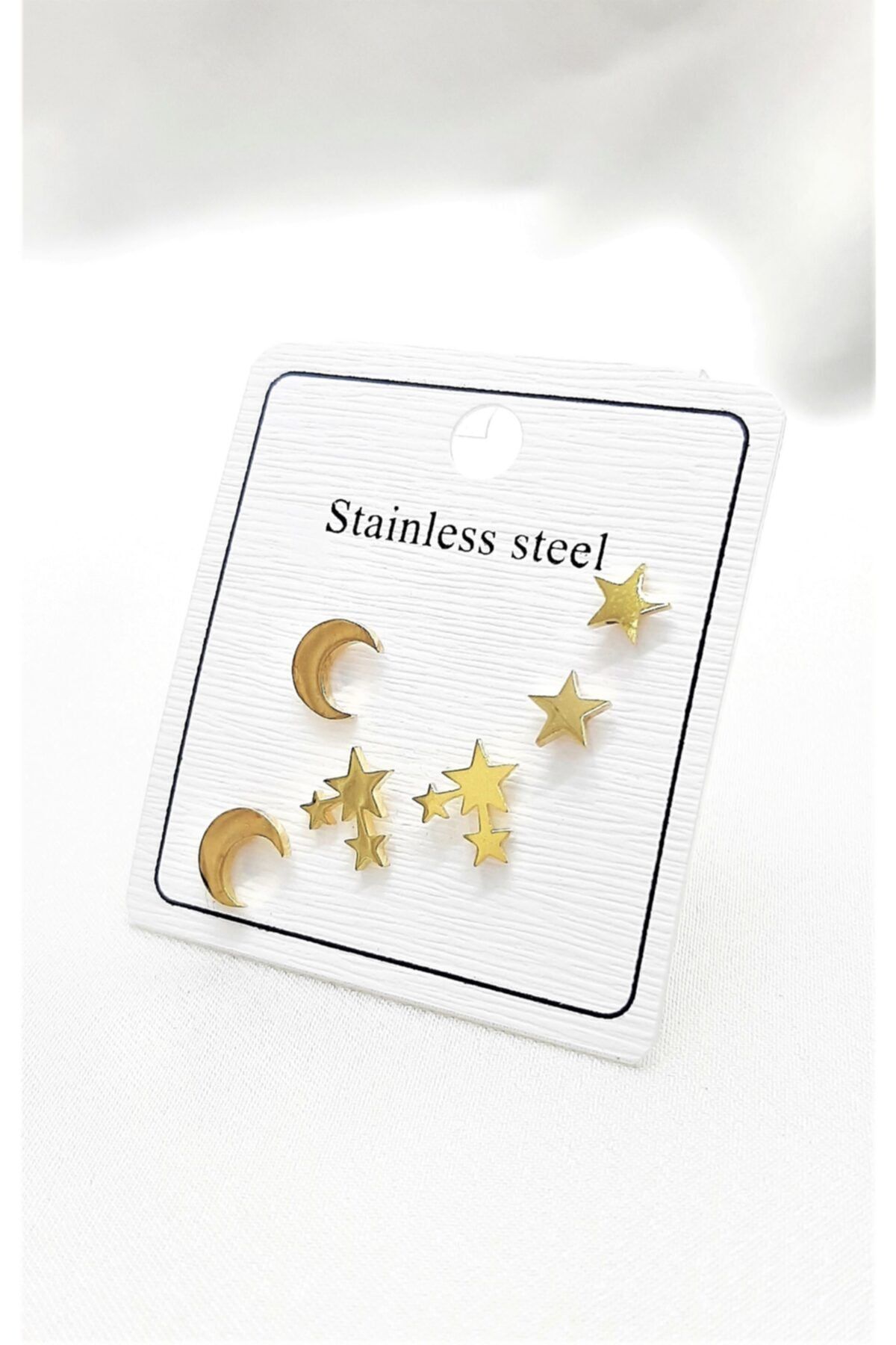 TÜKKAN ACCESSORİES Gold Kaplama 316l Cerrahi Çelik Ay Yıldız Figür 3 Çift Vip Seri Küpe