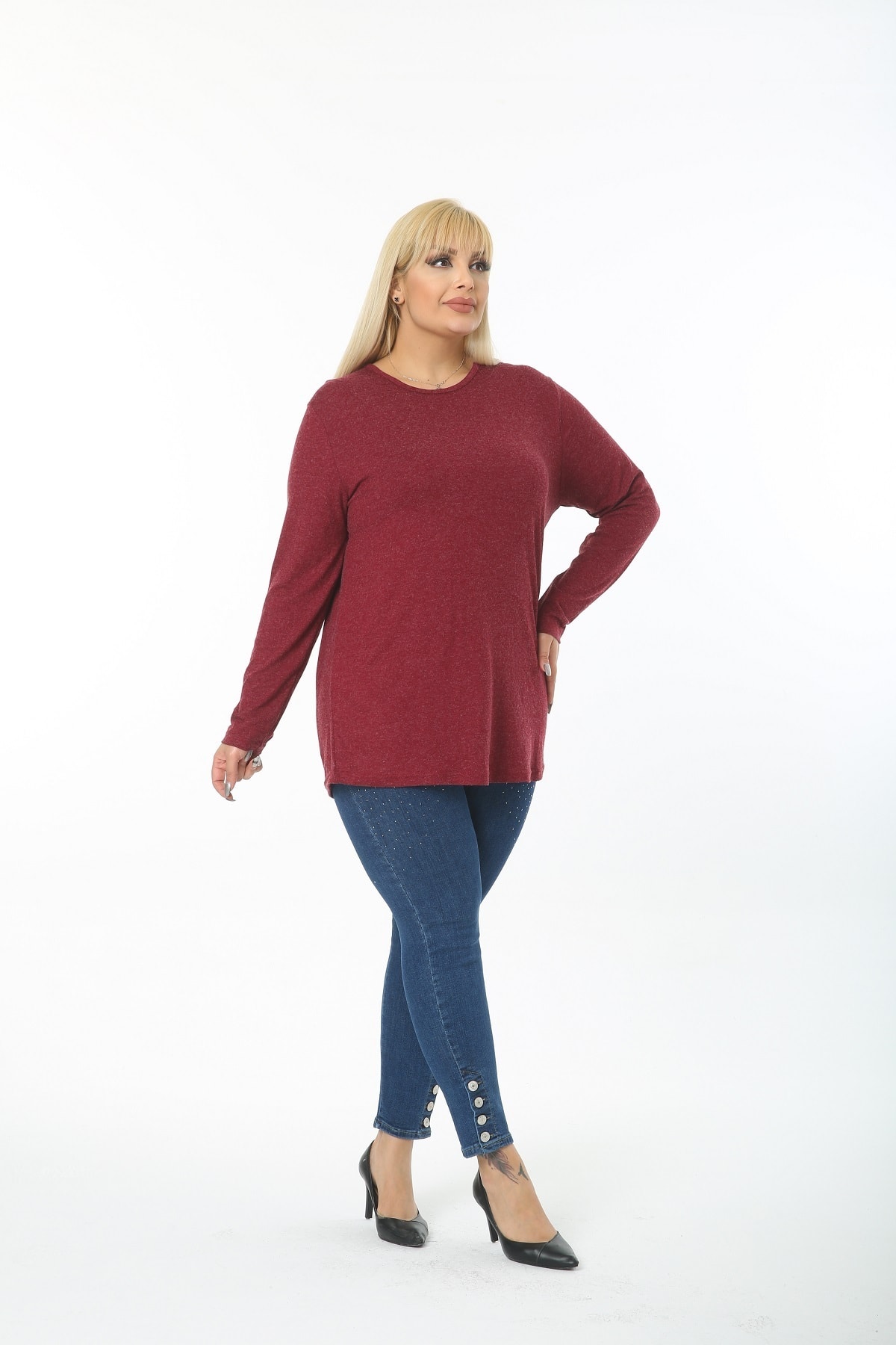 Butik Şımarık Kadın Büyük Beden Bordo Renk Yün Viskon Kazak Bisiklet Yaka