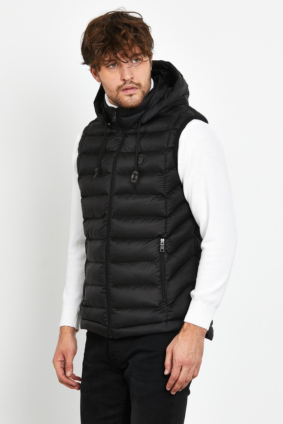 Danger Erkek Slim Fit Çıkarılabilir Kapüşonlu Şişme Yelek Siyah