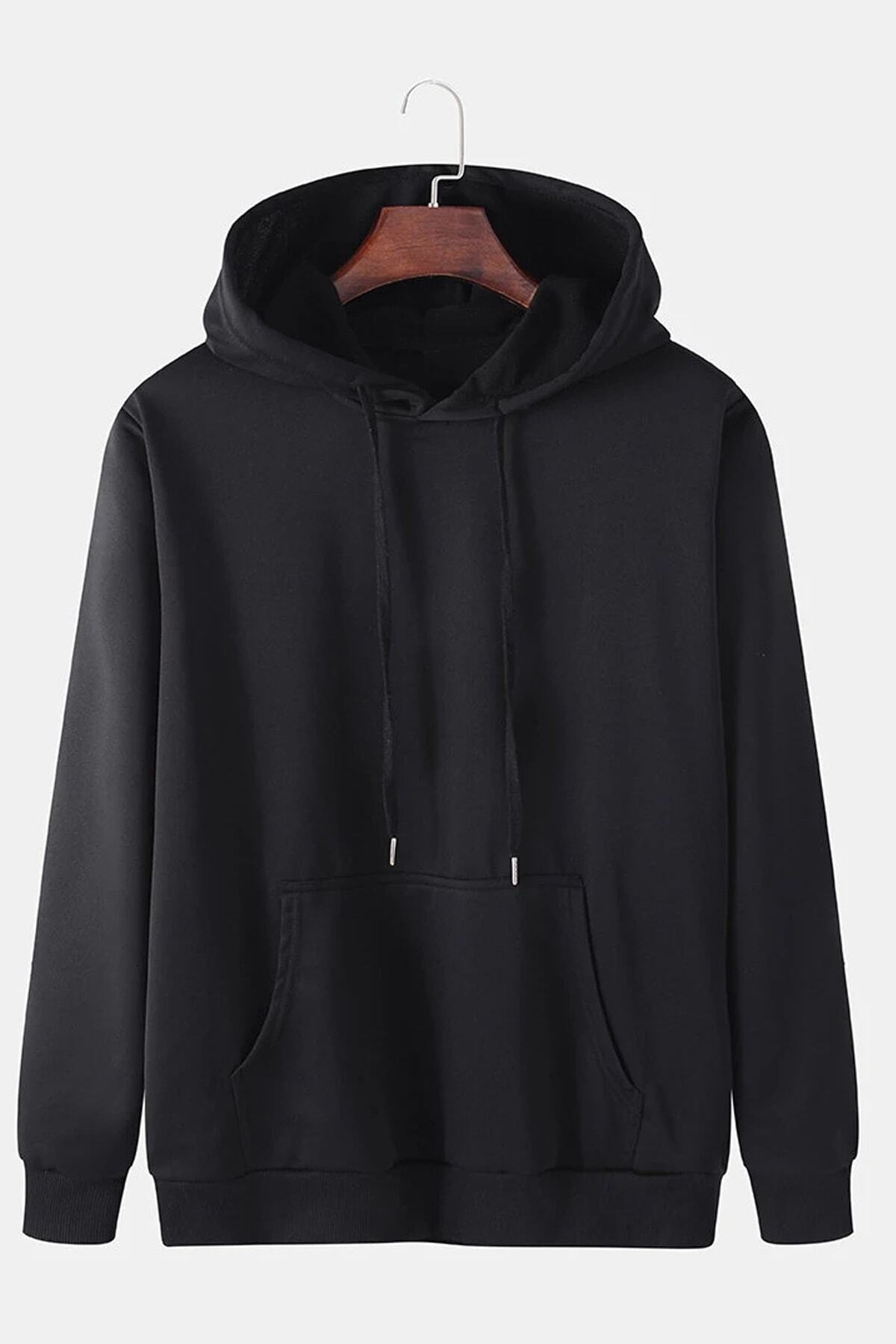 dAcollection Unisex Pamuklu Kanguru Cepli Slim Fit Kapüşonlu Sweatshirt - Siyah