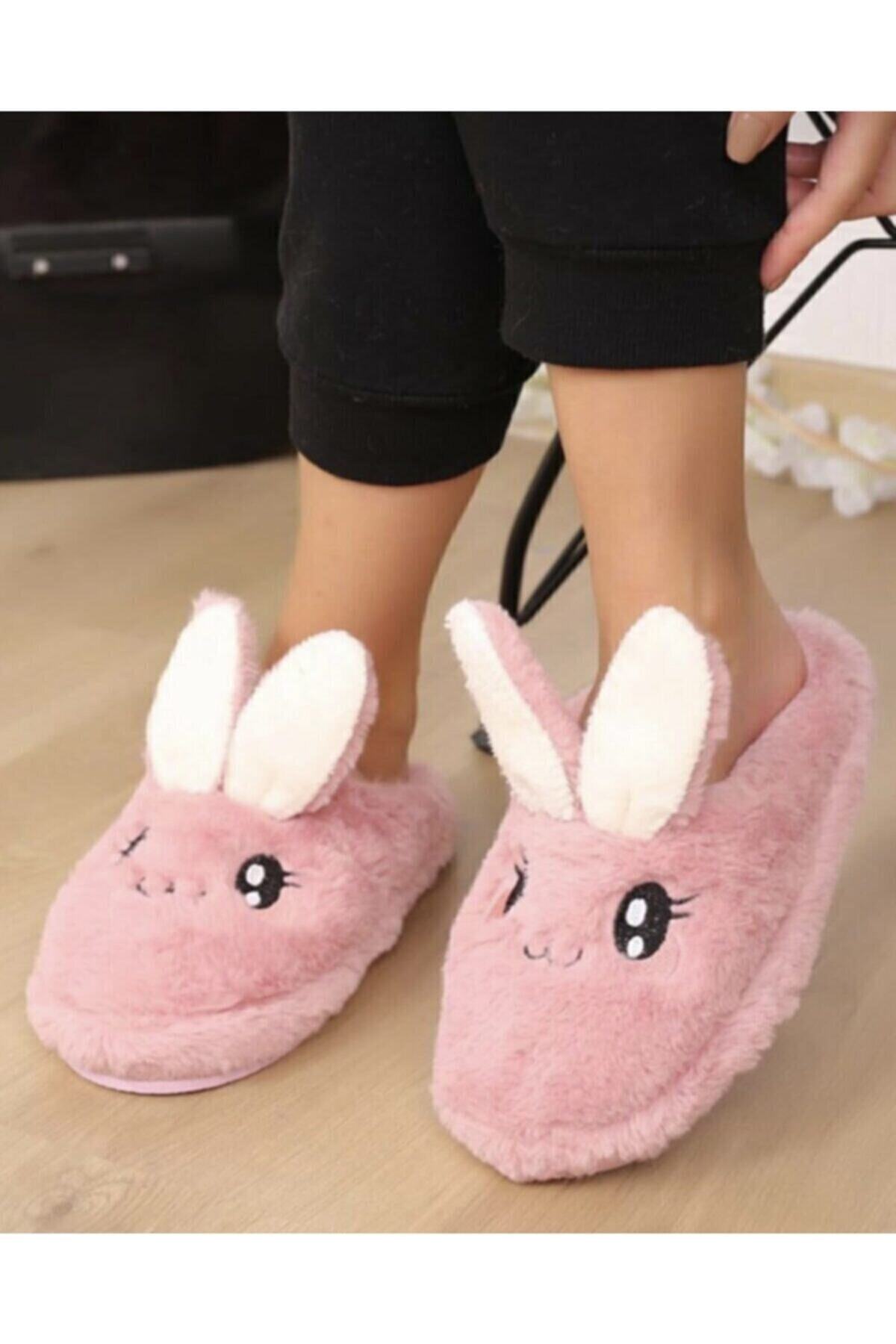 Süslü Store Pembe Tavşan Figürlü Panduf Ev Terliği