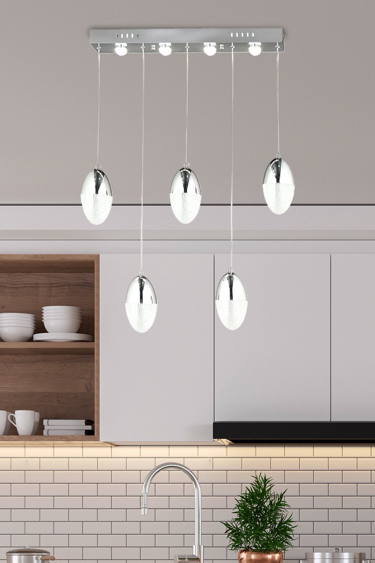 burenze Modern Sarkıt Power Led Avize Beşli Sıralı Concept Ürün Krom Ledli Avize