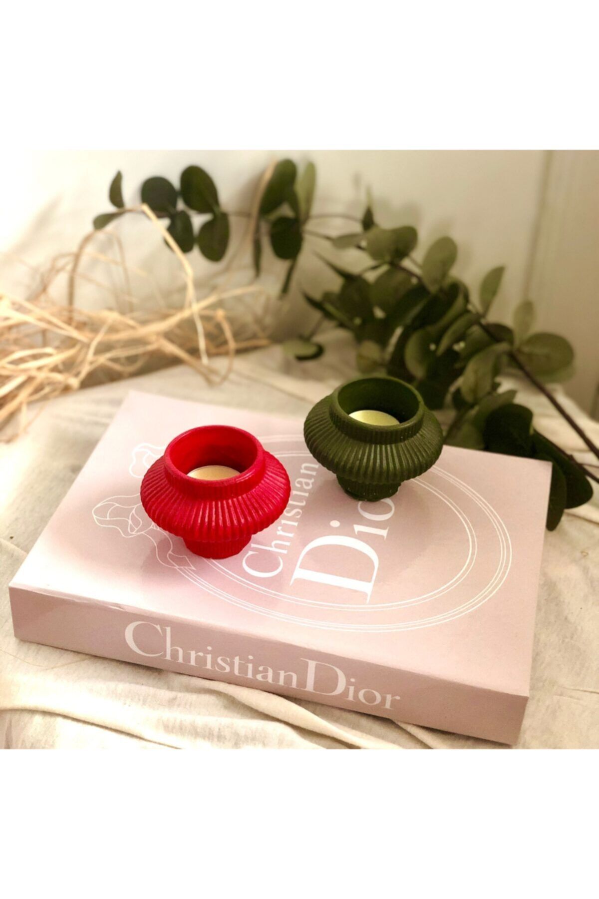 thiramis homeconcept 2'li Tealight Mumluk Kırmızı & Haki 8x6 Cm