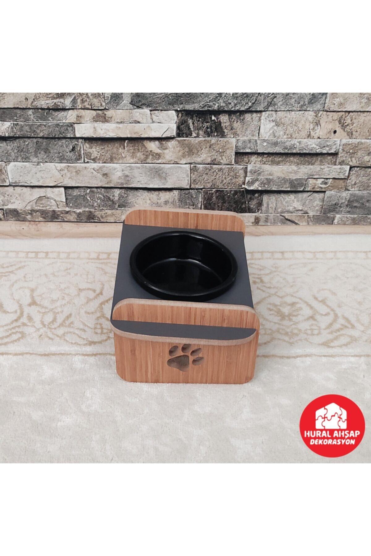 Hural Ahsap Ddekorasyon Ahşap Seramik Kedi Köpek Mama Ve Su Kabı Tekli– Uzay Grisi (antrasit)