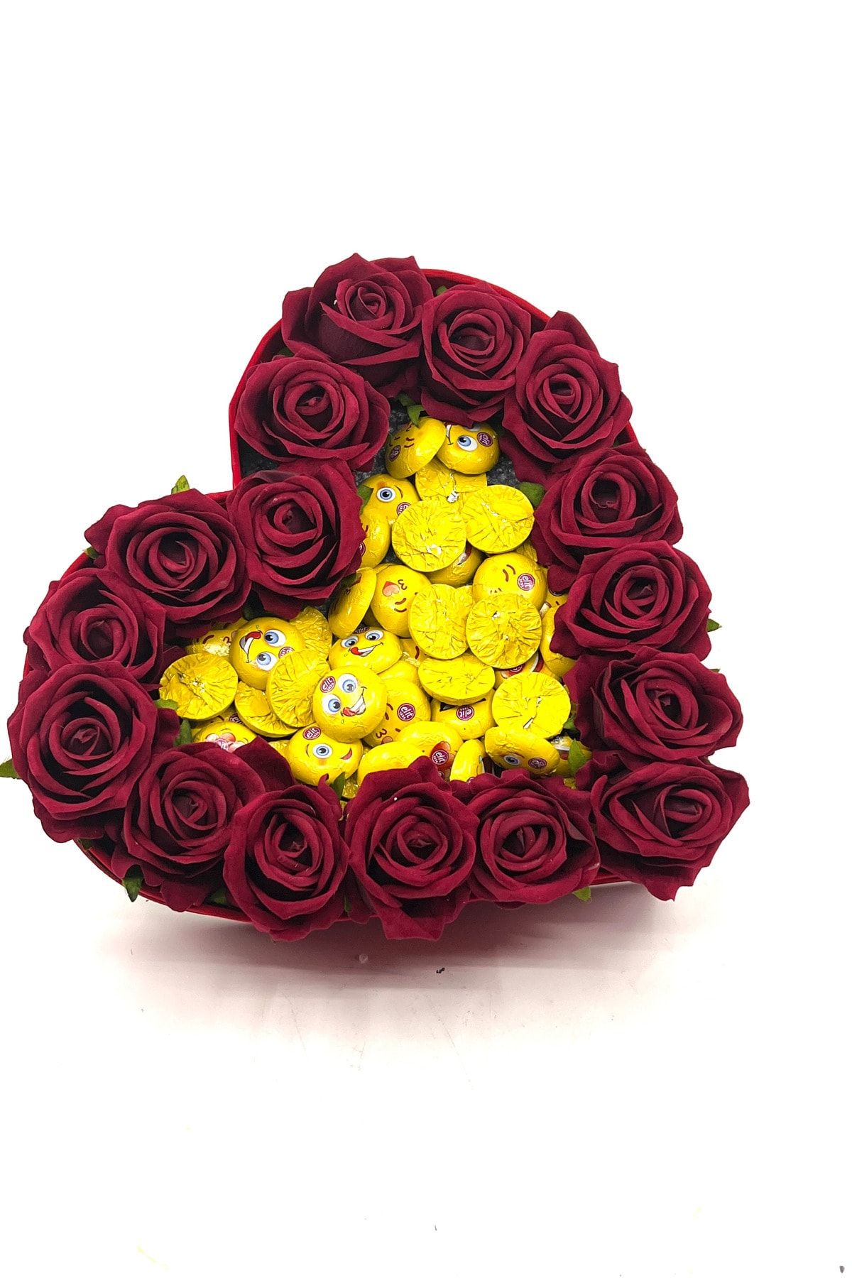 thebouqet Kadife Kalp Kutuda Bordo Kadife Gül Ve Emoji Çikolata Kız Isteme Buketi