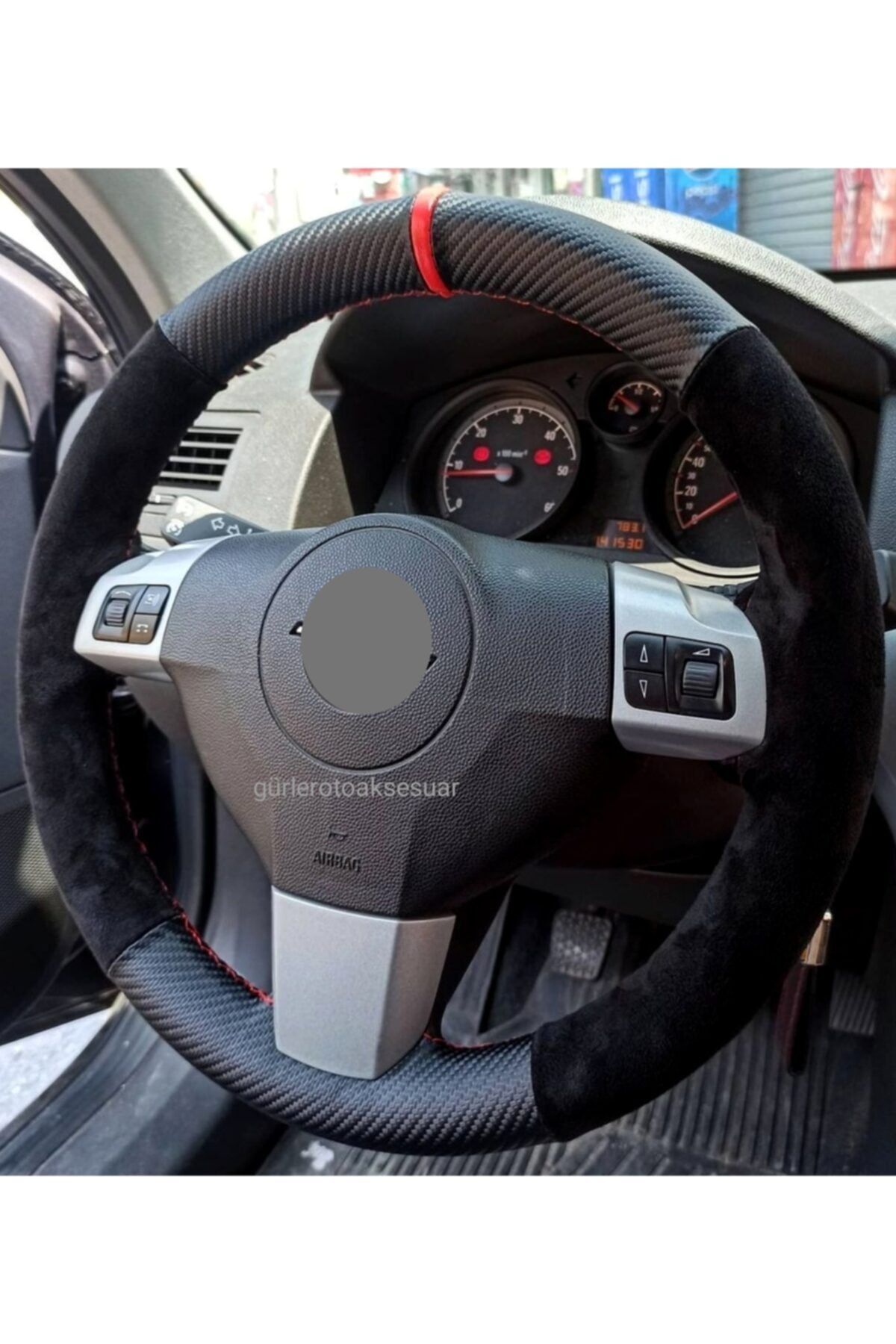 gürlerotoaksesuar Opel Corsa D Direksiyon Kılıfı Alkantra-karbon Kırmızı Yüzüklü