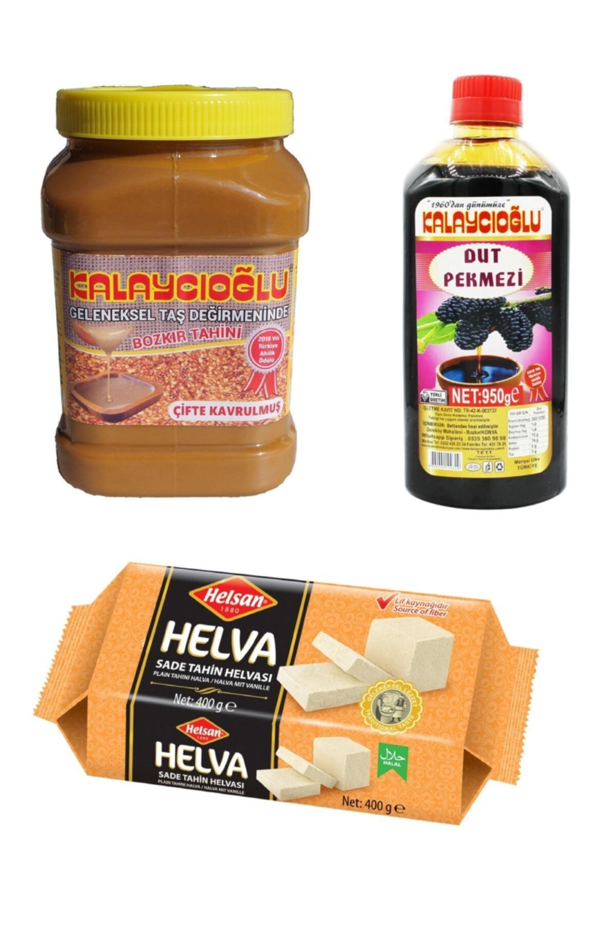 Belde Dere Kalaycıoğlu Kepeksiz Bozkır Tahini 935 gr + Helsan Glikozsuz Sade Helva 400 gr + Kalaycıoğlu Dut Pek